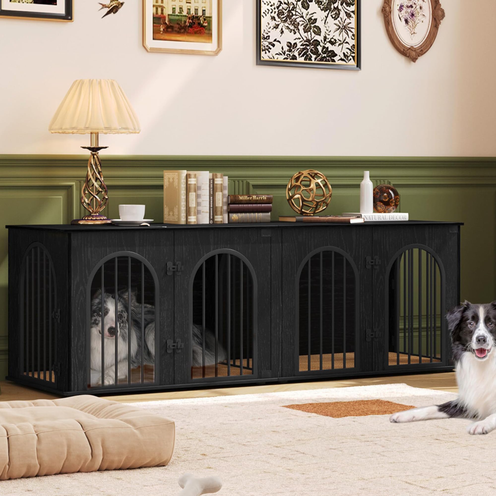 Hzuaneri 71 Dog Crate Furniture for 2 Dogs, Heavy Duty Indoor Dog Kennel TV Stand, XL Wooden Dog Cage with Divider for Medium La