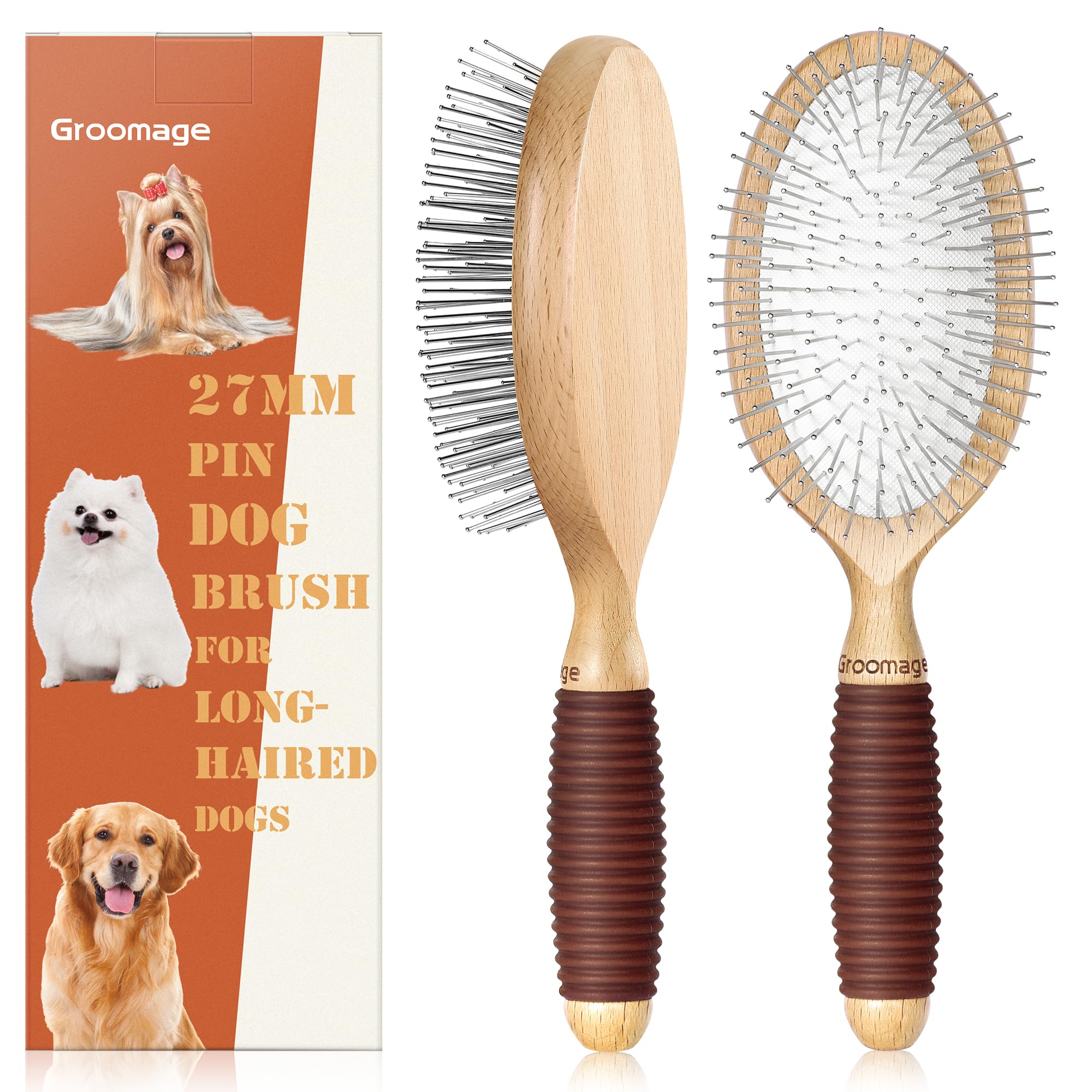 Groomage Dog Brush for Long Haired Dogs, 27mm Extra Long Pin Brush for Grooming, Shedding - Beech Wood Material, Non-Slip Rubber