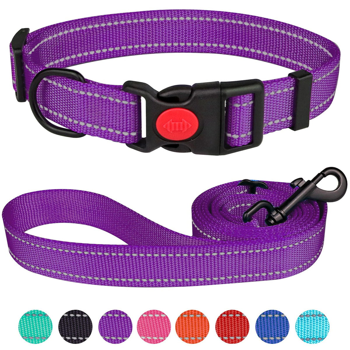 Reflective Dog Collar And Leash Set With Safety Locking Buckle Nylon Pet Collars Adjustable For Small Medium Large Dogs 4 Sizes(Purple&L)