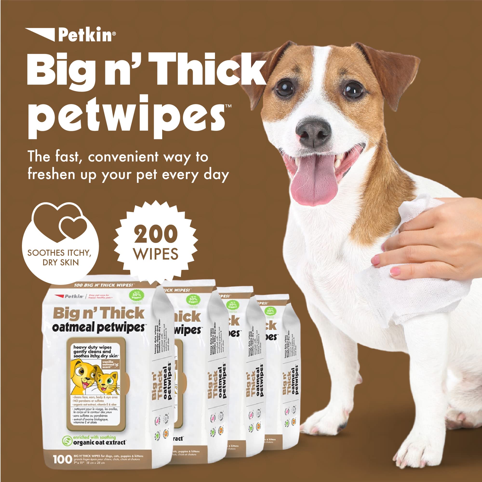 Petkin Large Oatmeal Pet Wipes For Dogs And Cats, 400 Count, Soothes Itchy Skin And Cleans Ears, Face, Butt, Body And Eye Area