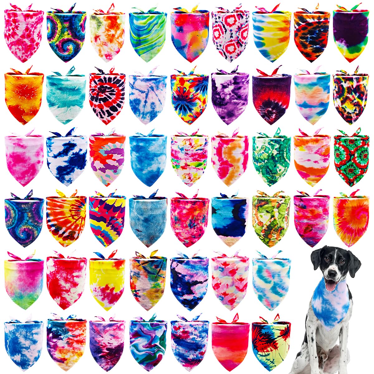JpGdn 50PCS Dog Bandanas Tie Dye Bulk for Large XL Breed Dog Big Bandanas Pack Kerchief Washable Triangle Bibs Head Scarves Scar