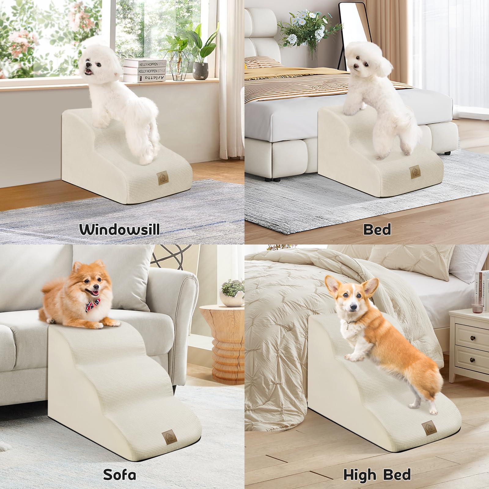 3-Tiers Foam Dog Stairs For Indoor High Sofa Bed Couch,Gentle Slope Steps Stairs For Indoor,Dog Stairs Ladder Ramp Non Slip For Old Small Dogs Easy Access,Send 3 Pcs Lint Roller Set,Beige