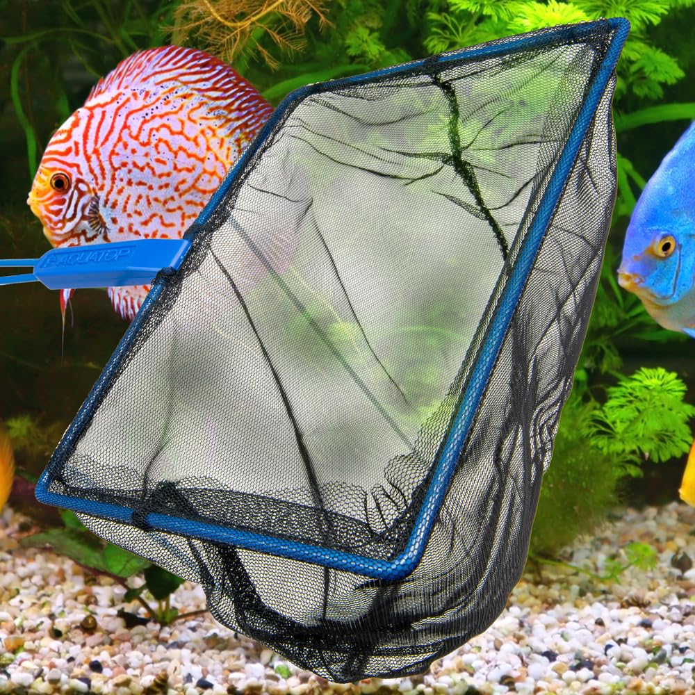 Aquatop 10-Inch Medium Mesh Aquarium Fish Net With 14.5-Inch Blue Long Handle - Durable & Safe For Freshwater And Saltwater Fish