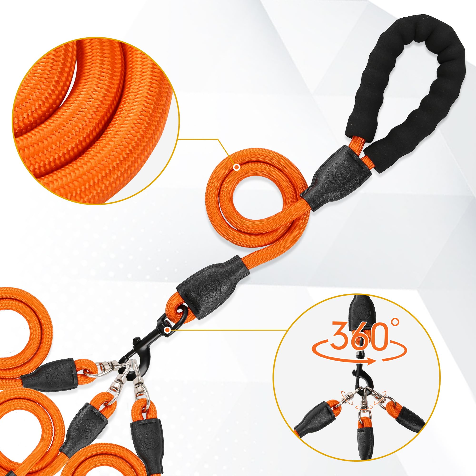 Heavy Duty Three-Way Dog Leash, No-Tangle 360 Swivel, Padded Handle, For Walking & Training (Orange, L/30-135 Lbs)
