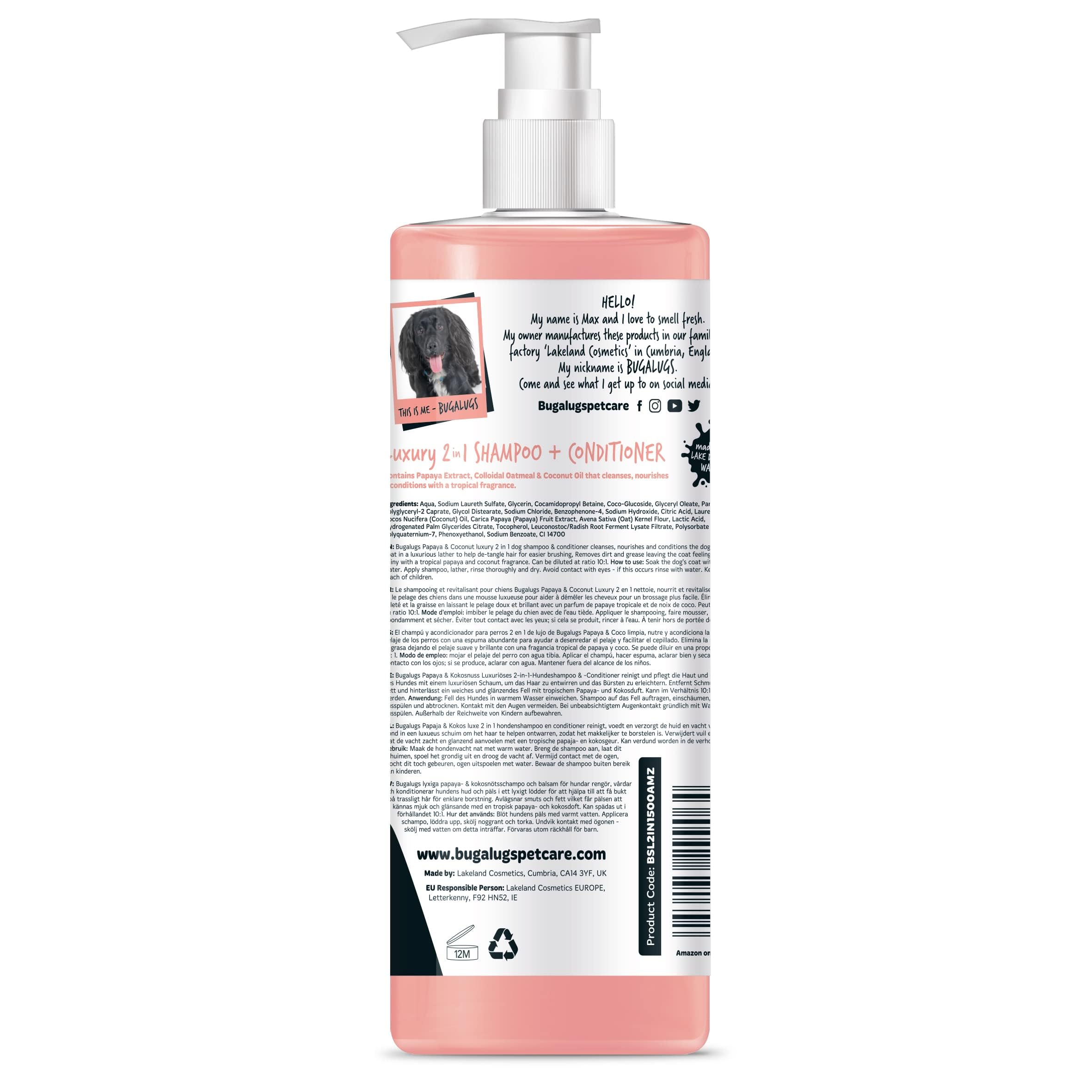 Bugalugs Dog Shampoo Luxury 2 In 1 Papaya & Coconut Dog Grooming Shampoo Products For Smelly Dogs With Fragrance, Best Puppy Shampoo, Professional Groom Vegan Pet Shampoo & Conditioner