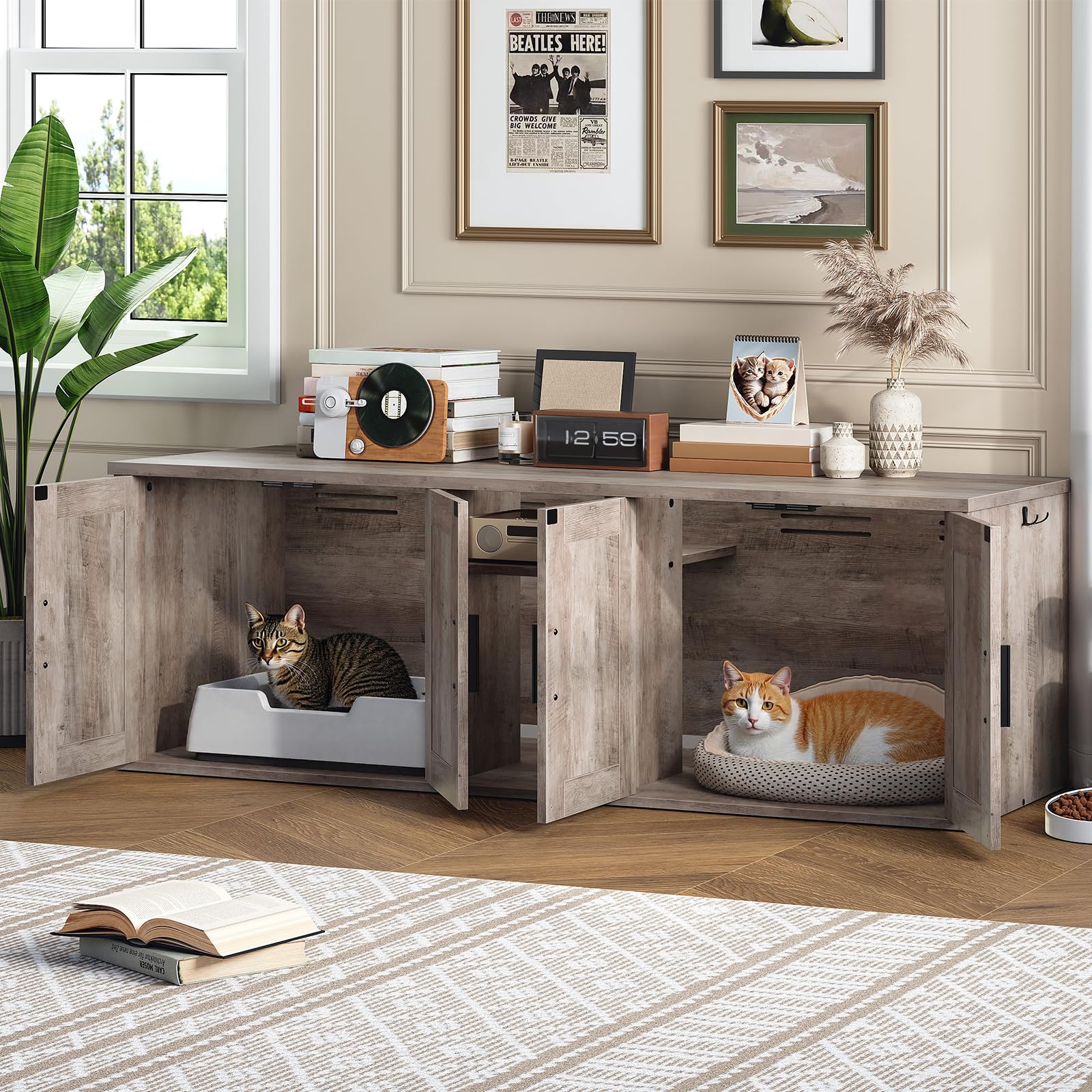 HOOBRO 58.3 Cat Litter Box Enclosure, Litter Box Furniture for 2 Cats, Hidden Litter Cabinet with Corridor, TV Stand with Storag