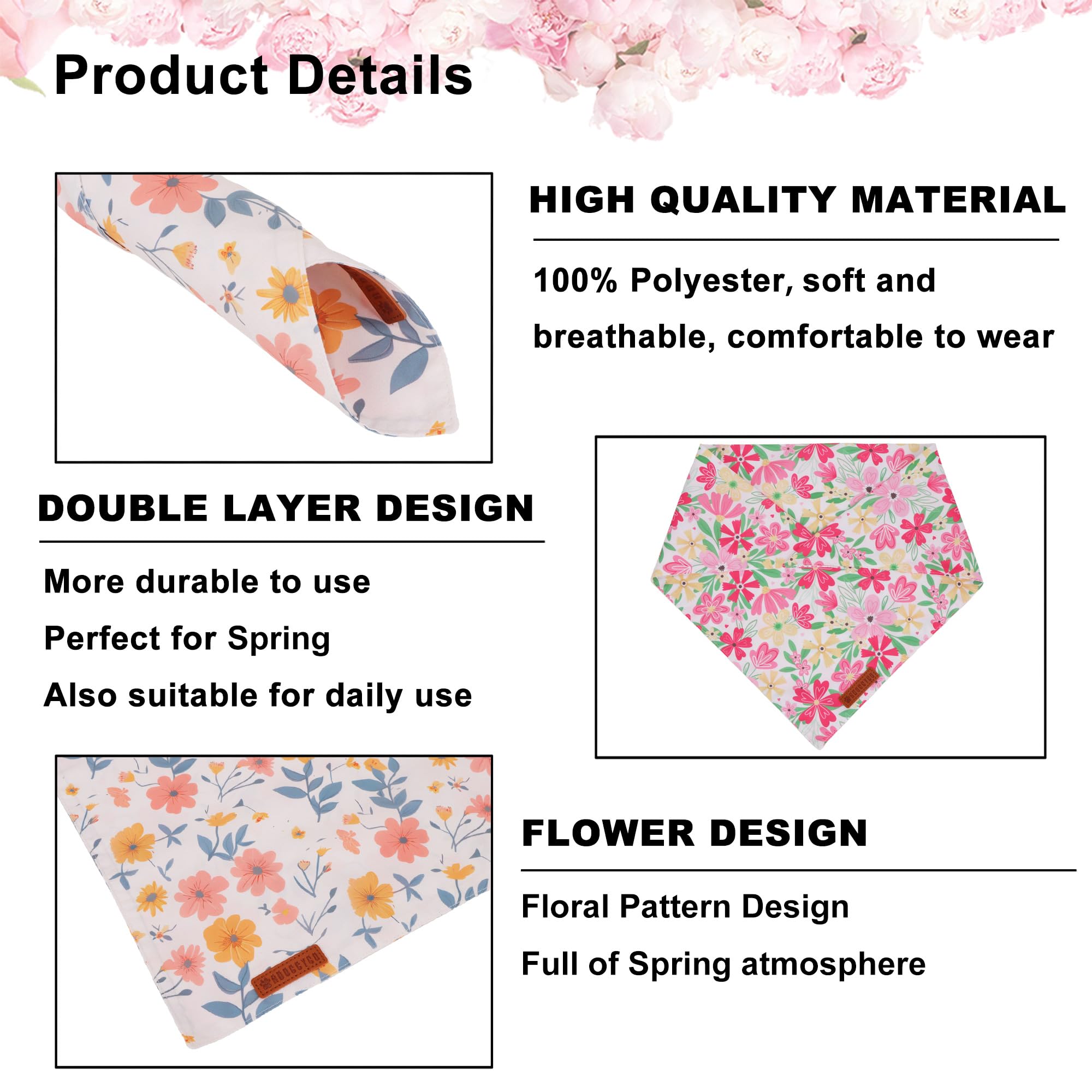 Adoggygo Floral Dog Bandanas 2 Pack, Triangle Reversible Pink White Flower Dog Scarf, Premium Durable Fabric, Pet Floral Bandana