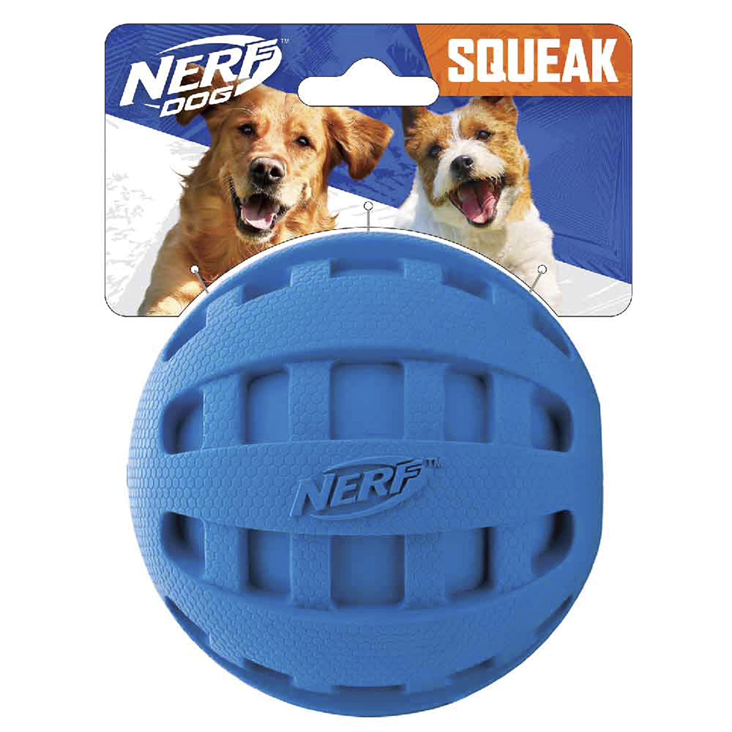 Nerf Dog Rubber Ball Dog Toy With Checkered Squeaker, Lightweight, Durable And Water Resistant, 4 Inch Diameter For Medium/Large Breeds, Single Unit, Blue
