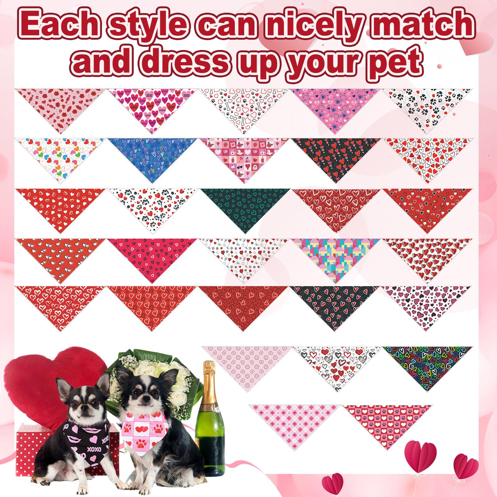 Aliceset 180 Pcs Valentine Dog Bandana Bulk Heart Bandanas For Dogs Adjustable Washable Pet Triangle Scarf Cute Red Pink Kerchie