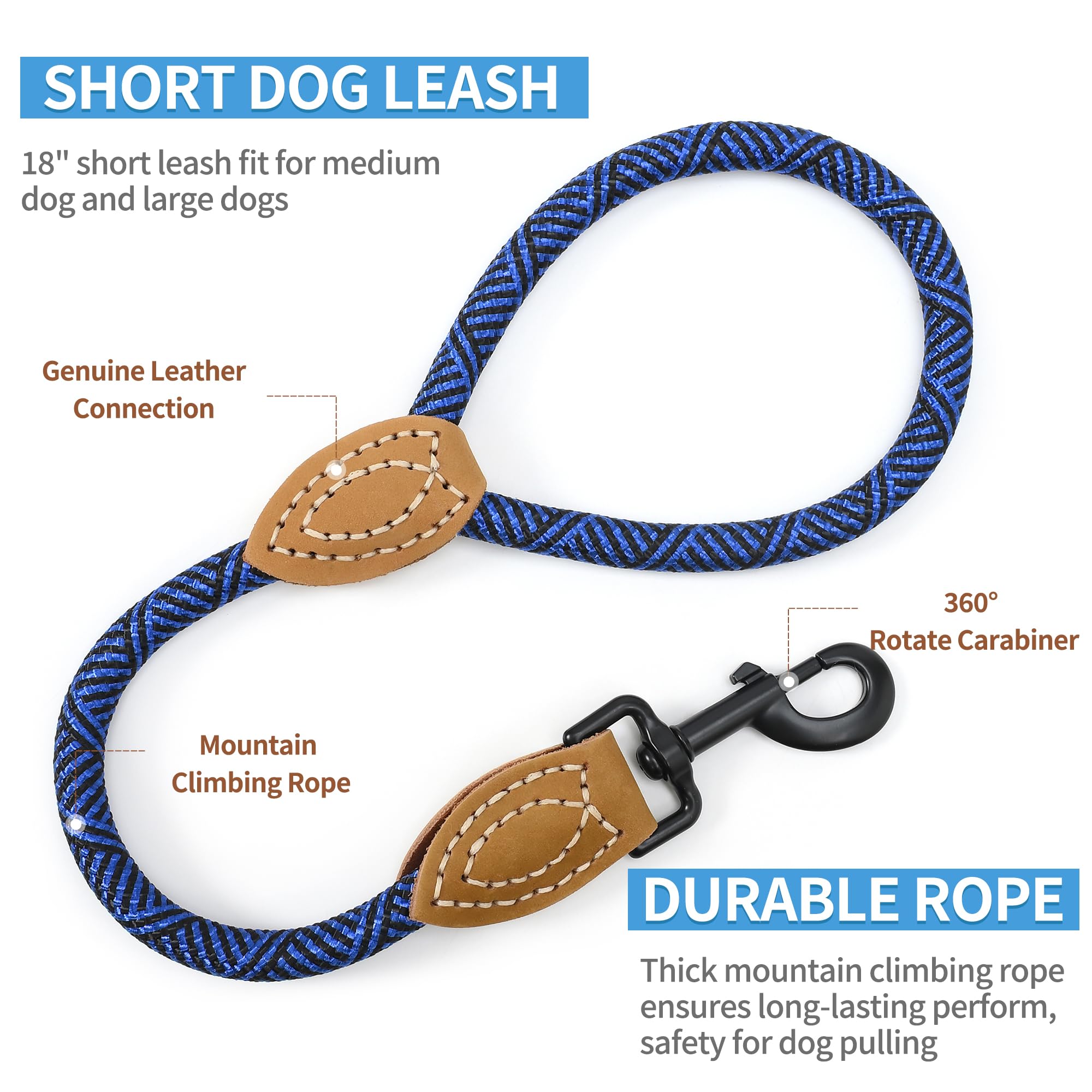Mile High Life Short Dog Leash For Large Dogs | Mountain Climbing Dog Rope Leash With Heavy Duty Metal Sturdy Clasp | Genuine Le