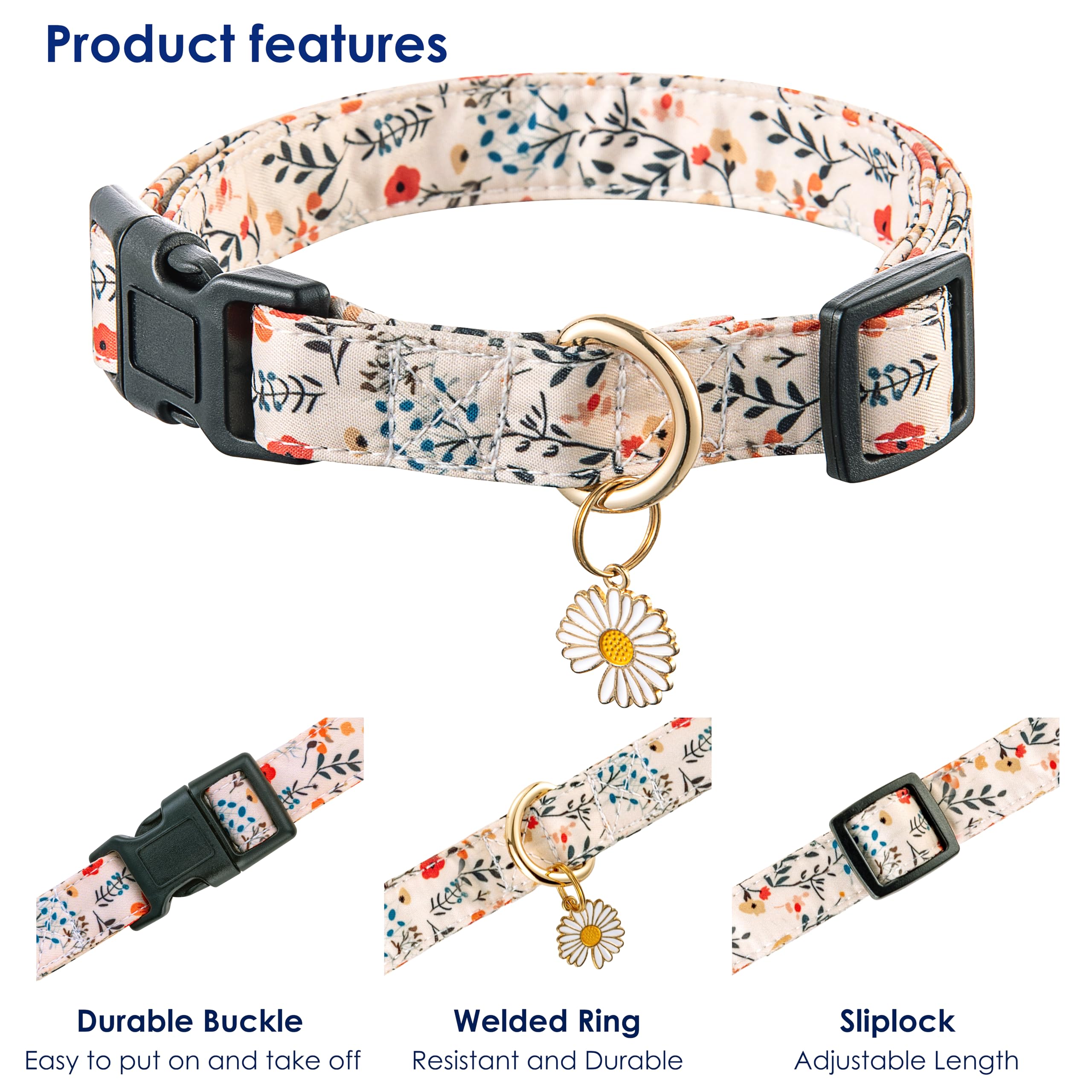 Raisingwell Cotton Dog Collar Pink Flower Pattern For Boys And Girls Cute Dog Collars Summer Fall Gift Adjustable For Medium To