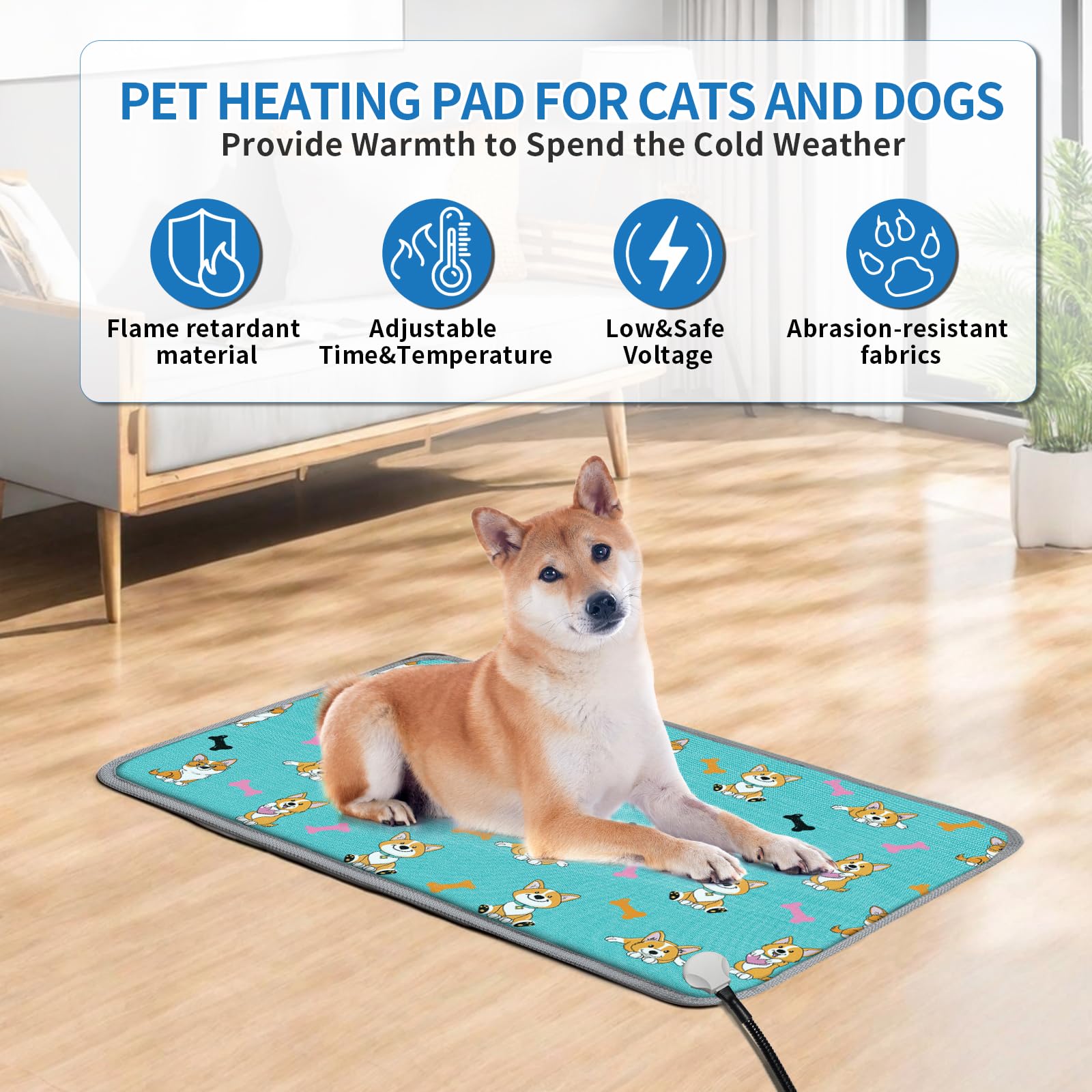 Golopet Dog Heating Pad 34X21In Waterproof Pet Heating Pad For Dogs Smart Thermostat Switch, Whelping Supplies Heated Dog Bed,Adding Wire Rope Wires Puppy Heating Pad Mat-Whelping Box For Dogs-Blue
