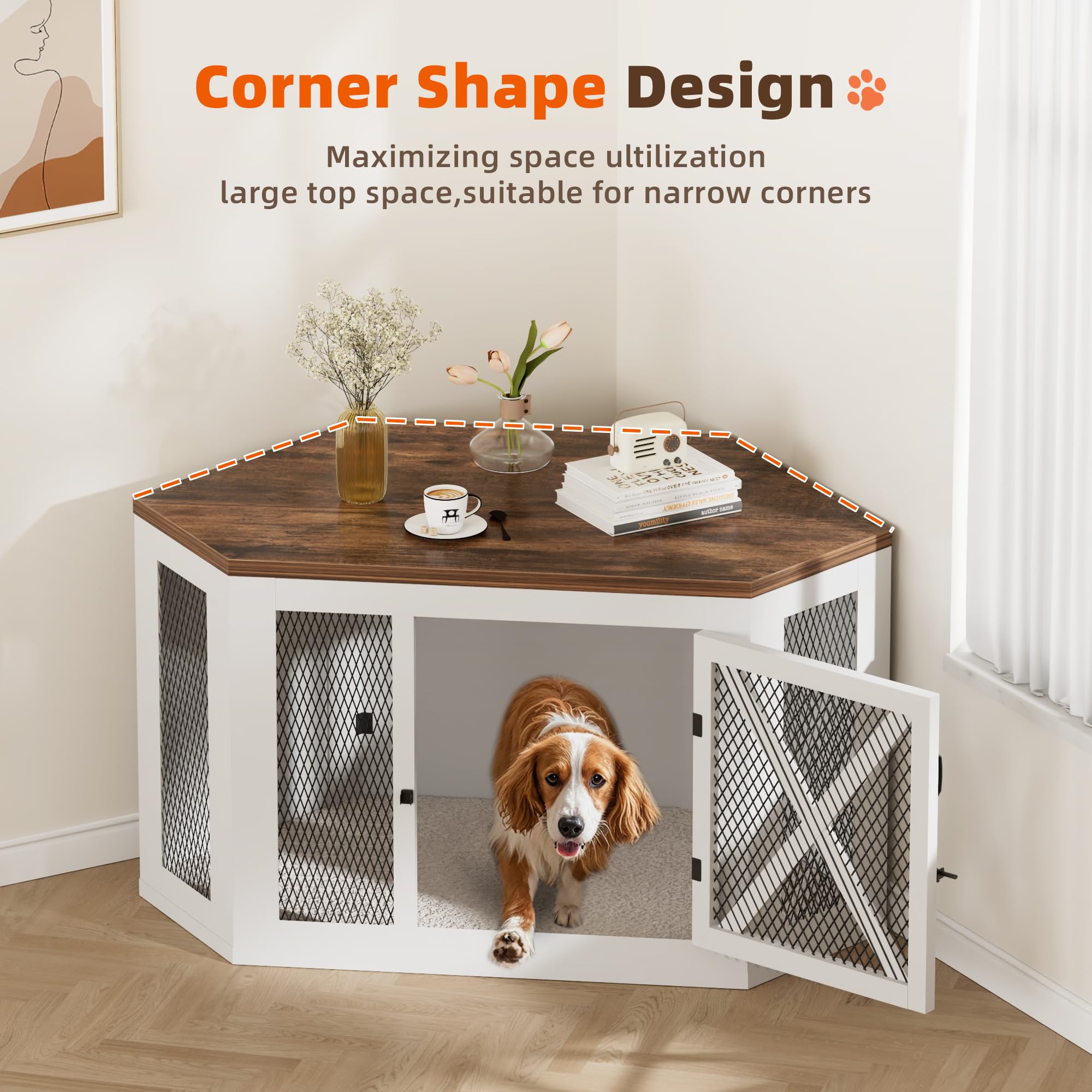 Xilingol Wooden Dog Crate Furniture, Decorative End Table with Mesh, 26.3" x 44.5" x 23.4" for Small to Large Dogs, Indoor Use
