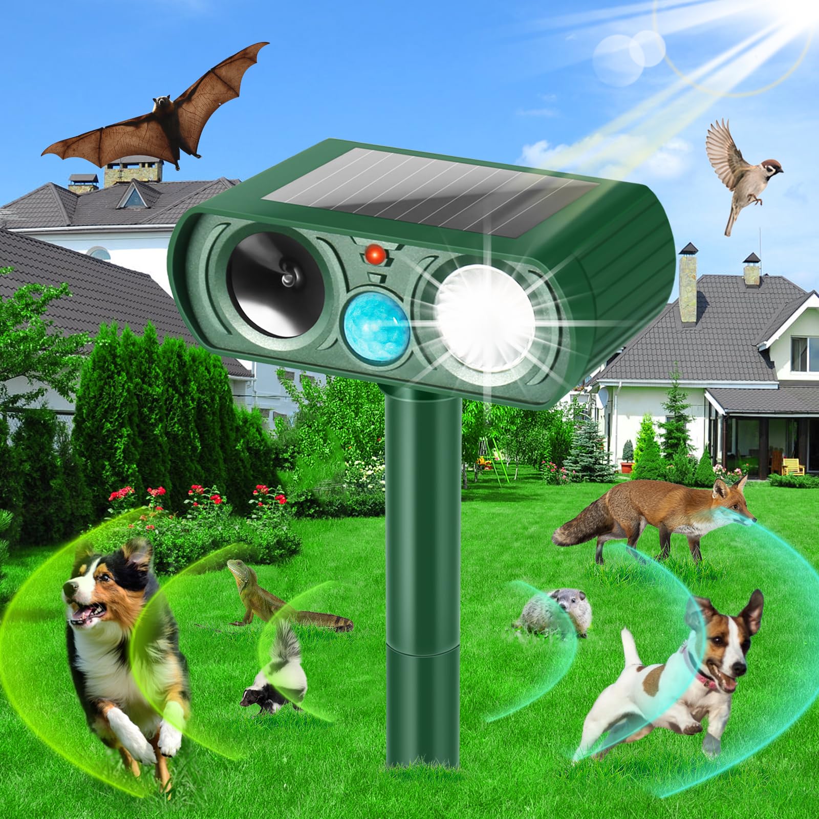 Outdoor Solar Powered Cat Deterrent, Ultrasonic Cat Deterrent With Motion Sensor And Flashing Light, Waterproof Deterrent Device