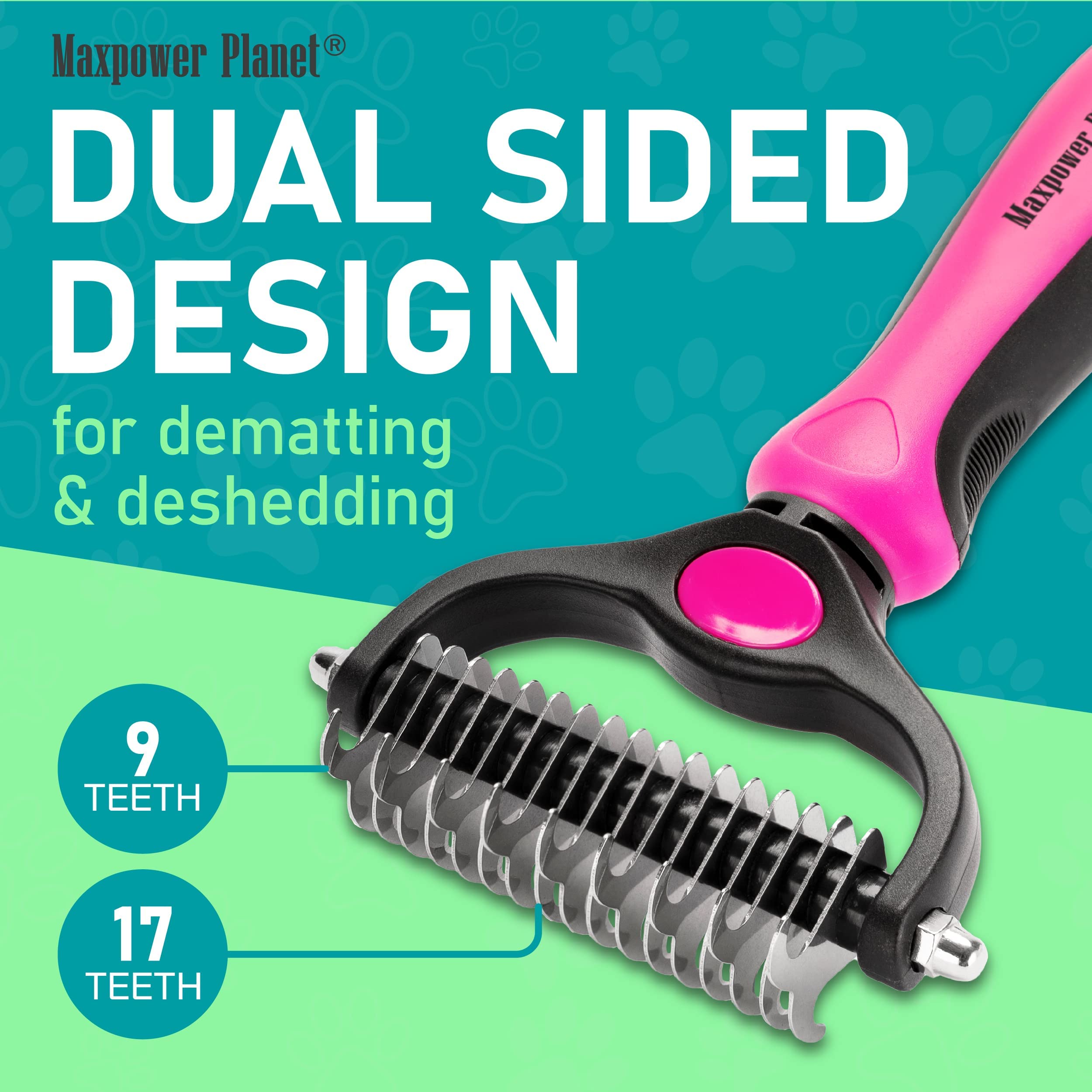 Maxpower Planet Pet Grooming Brush - Double Sided Shedding, Dematting Undercoat Rake For Dogs, Cats - Extra Wide Dog Grooming Brush, Dog Brush For Shedding, Cat Brush, Reduce Shedding By 95%, Pink