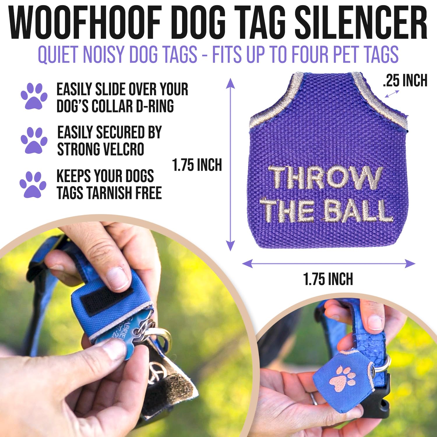 Woofhoofs Dog Tag Silencer, Quiets Dog ID Tags, for Dogs and Cats, Purple Throw The Ball, 1.75 x 1.75 x.25