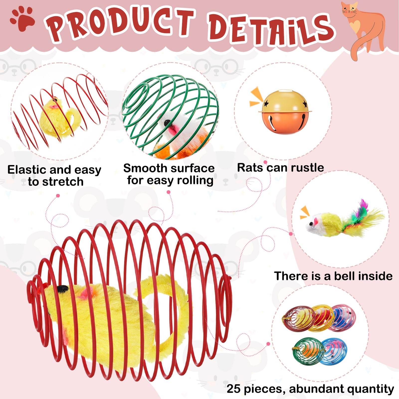 Jecery 25 Pcs Cat Spring Balls Toys Stretchable Rolling Balls Colorful Playful Coils Interactive Action Toy Caged Rats for Kitte
