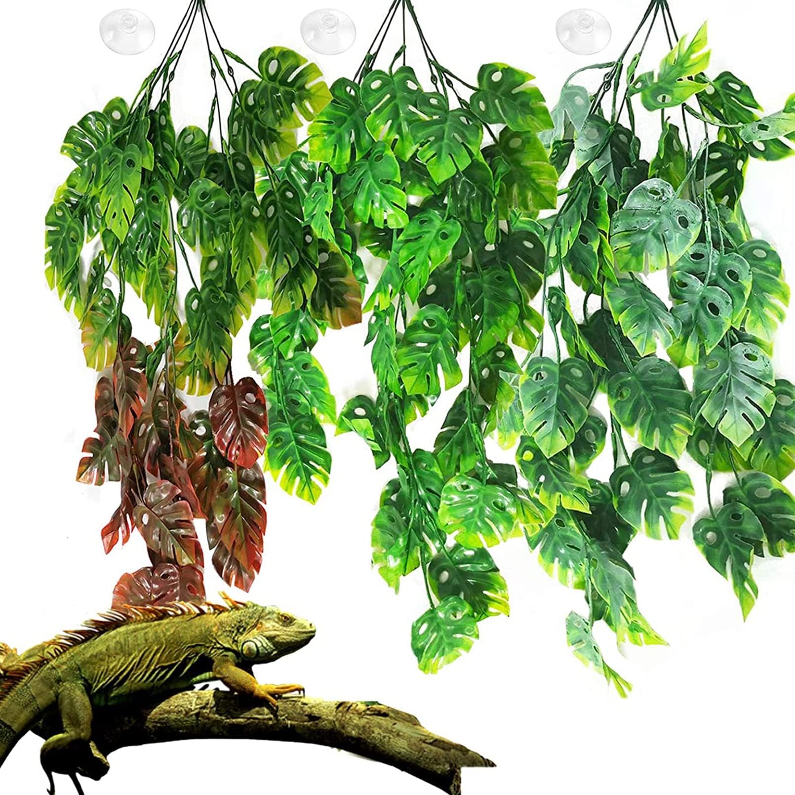 Hamiledyi Fake Plant Reptile Tank Hanging Plants with Suction Cup 3pcs Leaves Vines for Reptile Tank Bearded Dragons,Lizards,Gec