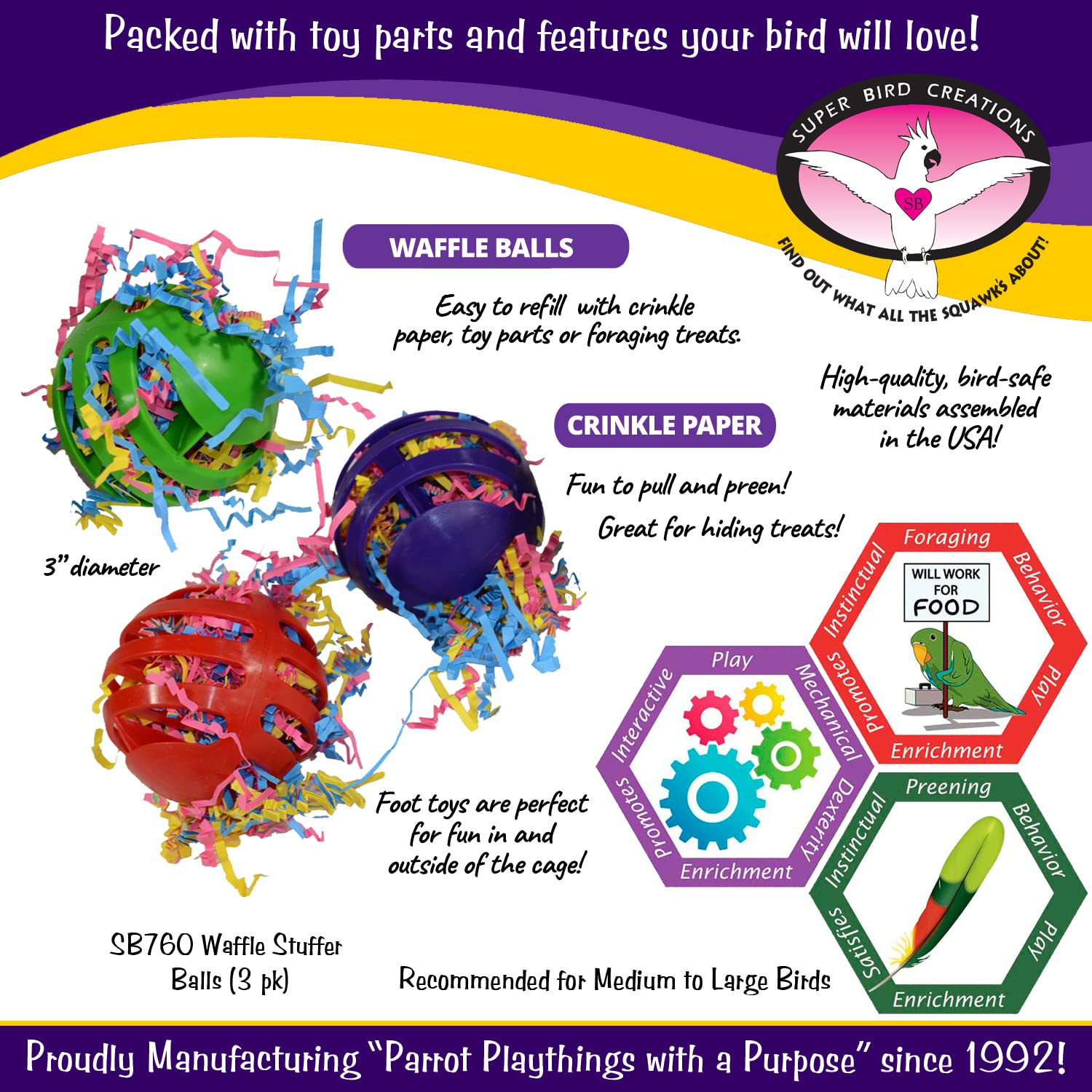 Super Bird Creations Sb760 Waffle Ball Stuffers Toy, Colorful Bird Toys With Crinkle Shred, Satisfies Pulling & Preening, Reliev
