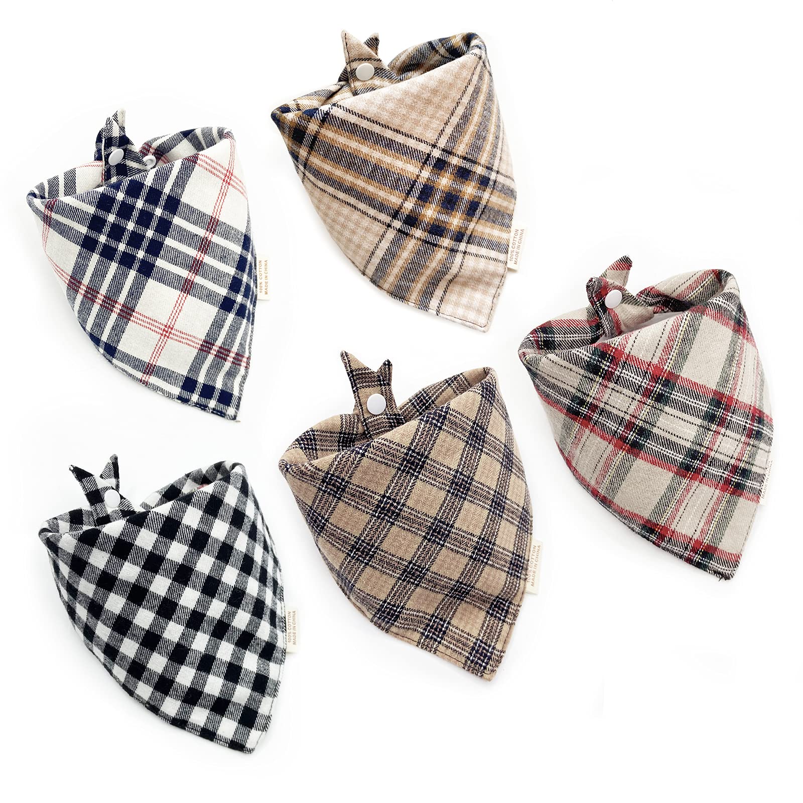 5Pcs Dog Bandanas With Button - Thick Triangle Bibs Dual Layer Soft Cotton Scarves For Small Medium Boy Girl Puppy Cat Pet Baby Square Plaid Printing Washable Kerchief Halloween Costumes Outfits