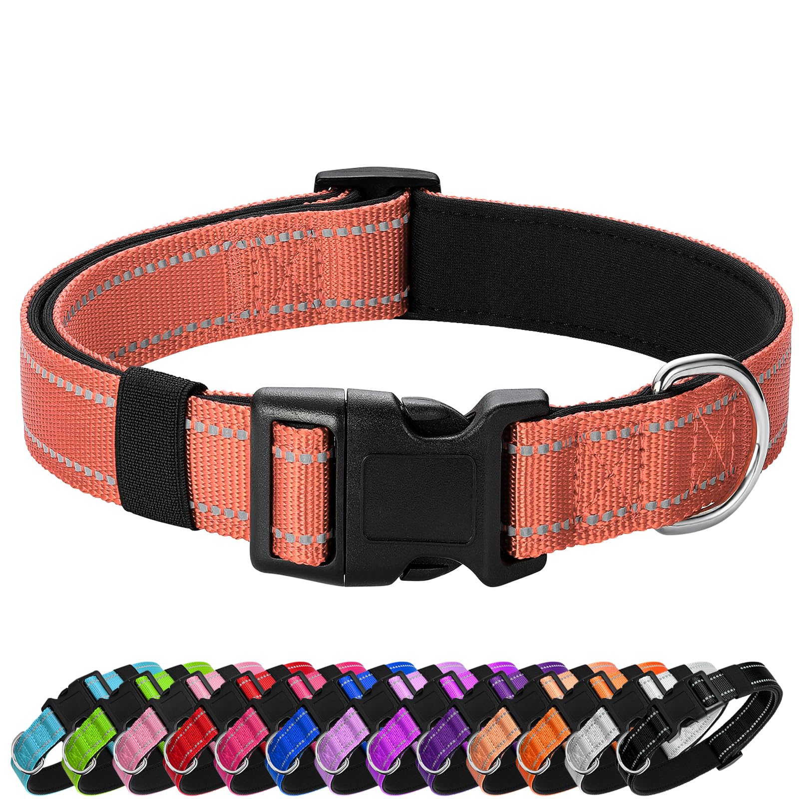 Penseepet Reflective Dog Collar Padded With Soft Neoprene Breathable Quick Release Basic Dog Collars For Medium Large Dogs Coral