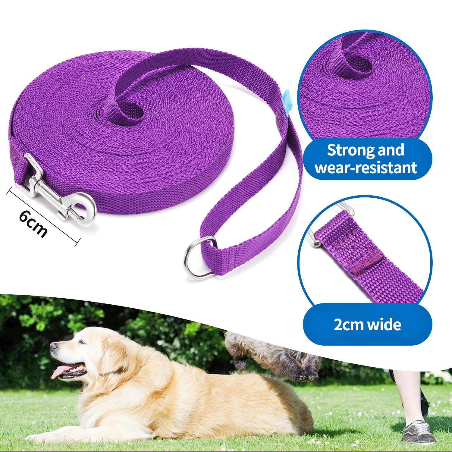 Baapet 15 Ft 20 Ft 30 Ft 50 Ft 100 Ft Long Dog Training Leash For Dog Training, Play, Camping, Or Backyard Lead With Training Clickers For Small, Medium And Large Dogs Or Cats (20 Feet, Purple)