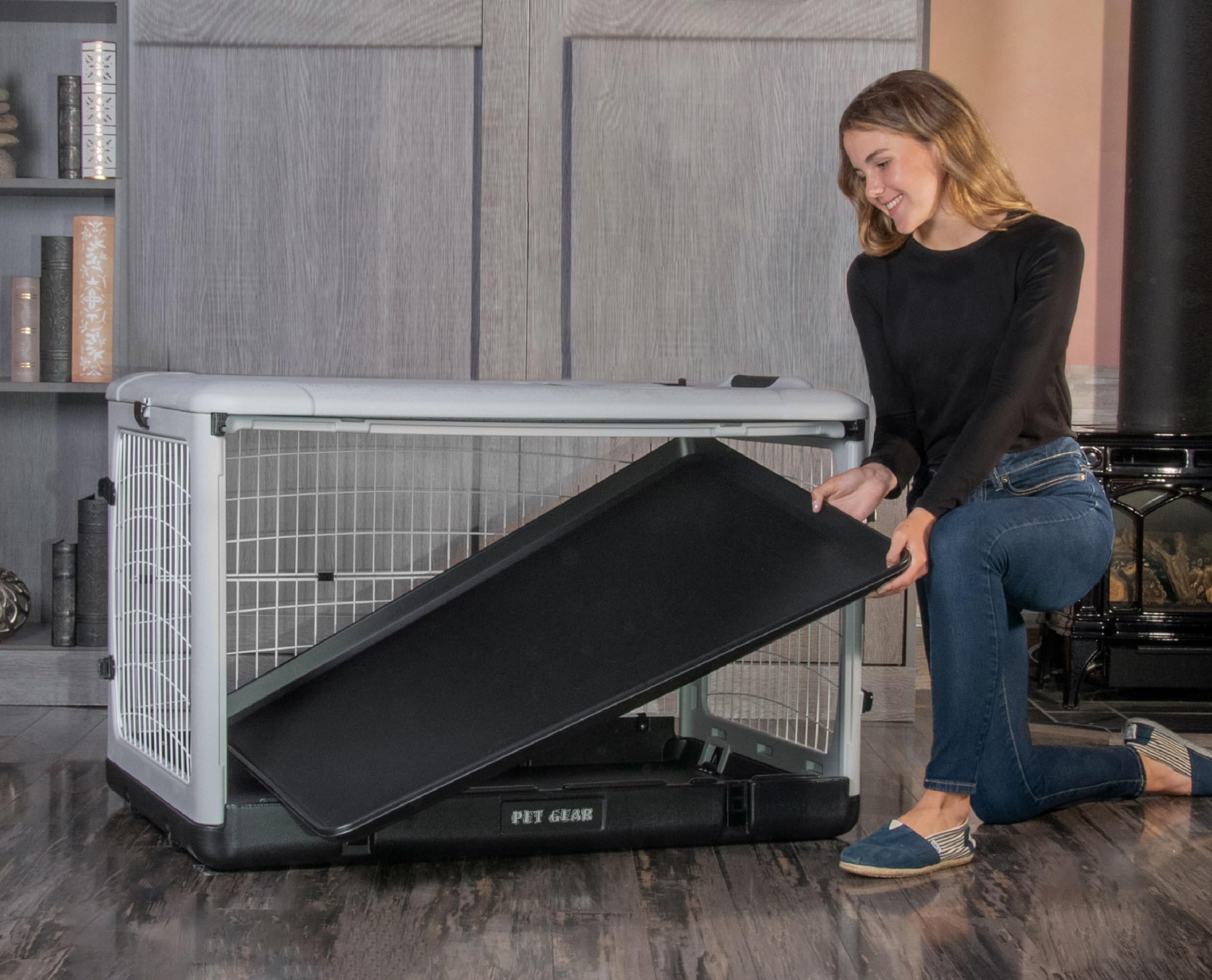 Pet Gear The Other Door    4 Door Steel Crate For Dogs/Cats With Removable Tray, Essential Grey, 42 Inch