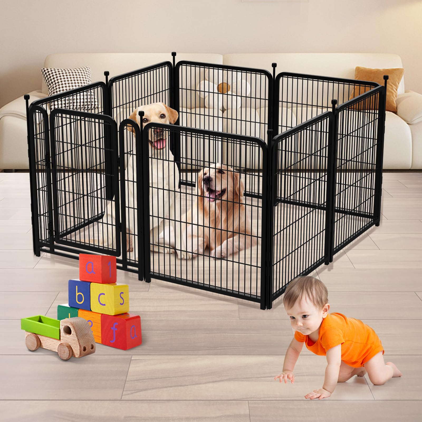 Getlay Dog Playpen 36inch 4 Panels, Puppy Playpen Indoors, Dog Fences Outdoor for Yard, Wide Door Low Threshold Garden Fencing f