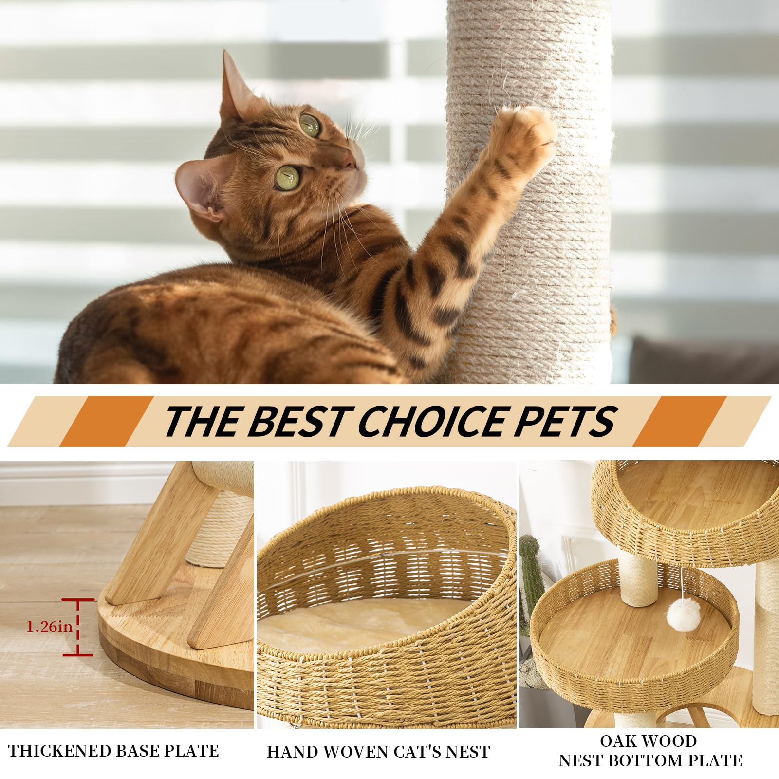 Big Modern Design Cat Tree Tower, Cat Tower Sisal-Covered Scratching Posts For Indoor Cats, Natural Oak Wood Cat Tree For Large