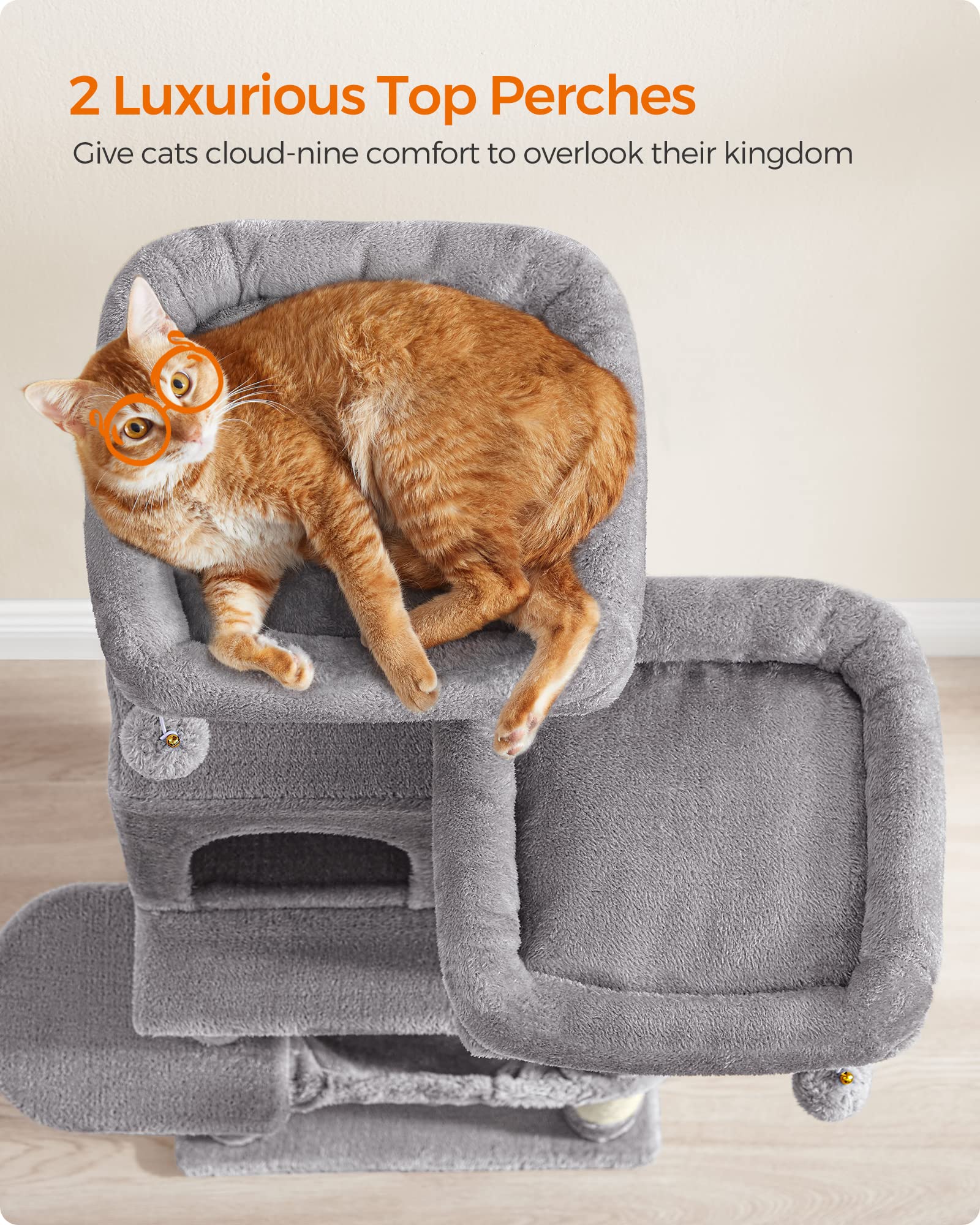 Feandrea Cat Tree, 44.1-Inch Cat Tower For Indoor Cats, Multi-Level Cat Condo With 11 Scratching Posts, 2 Perches, Cave, Hammock, Light Gray Upct215W01