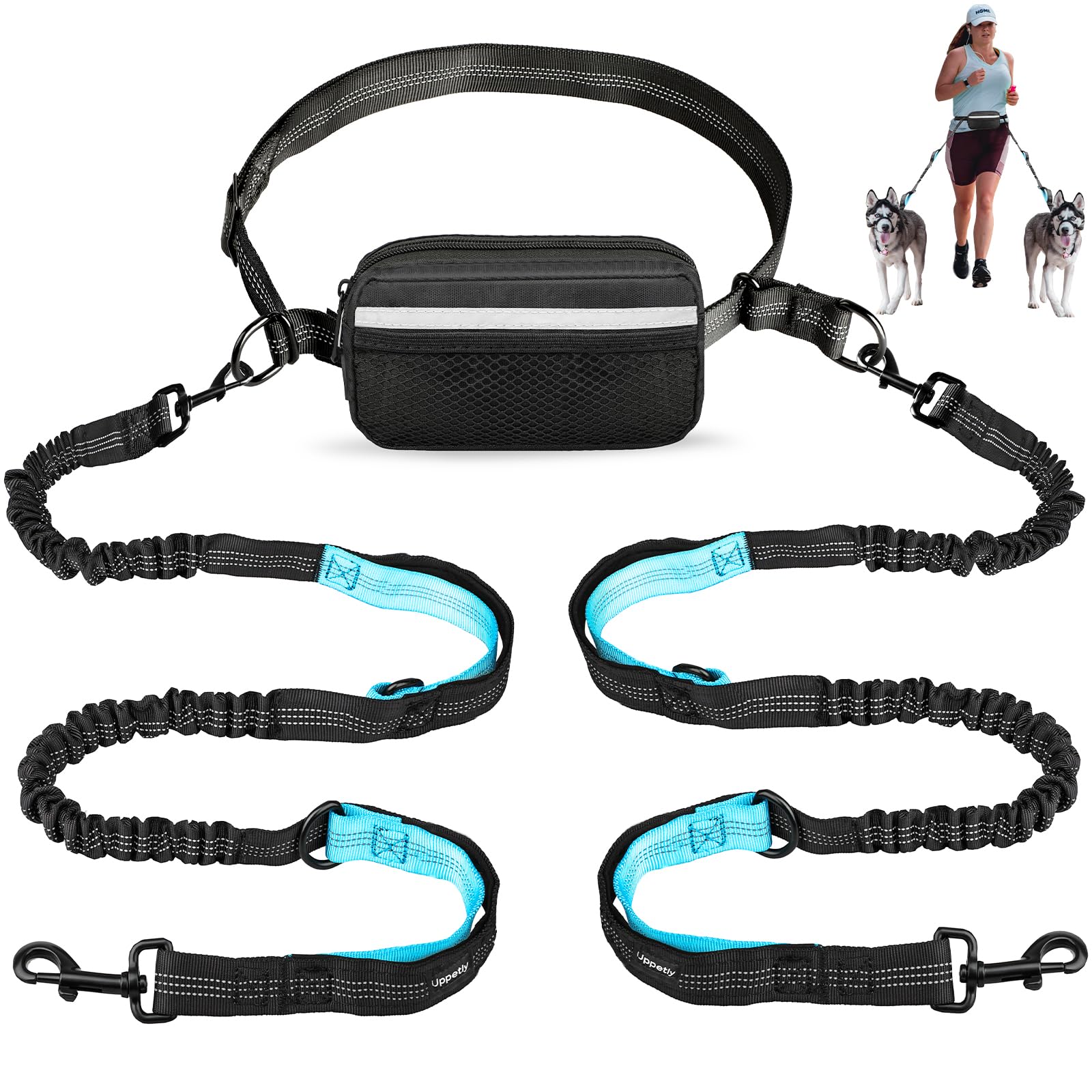 Uppetly Hands Free Dog Running Leash with Adjustable Waist Belt, Dual Handle Elastic Bungees Retractable Rope for Small and Medi