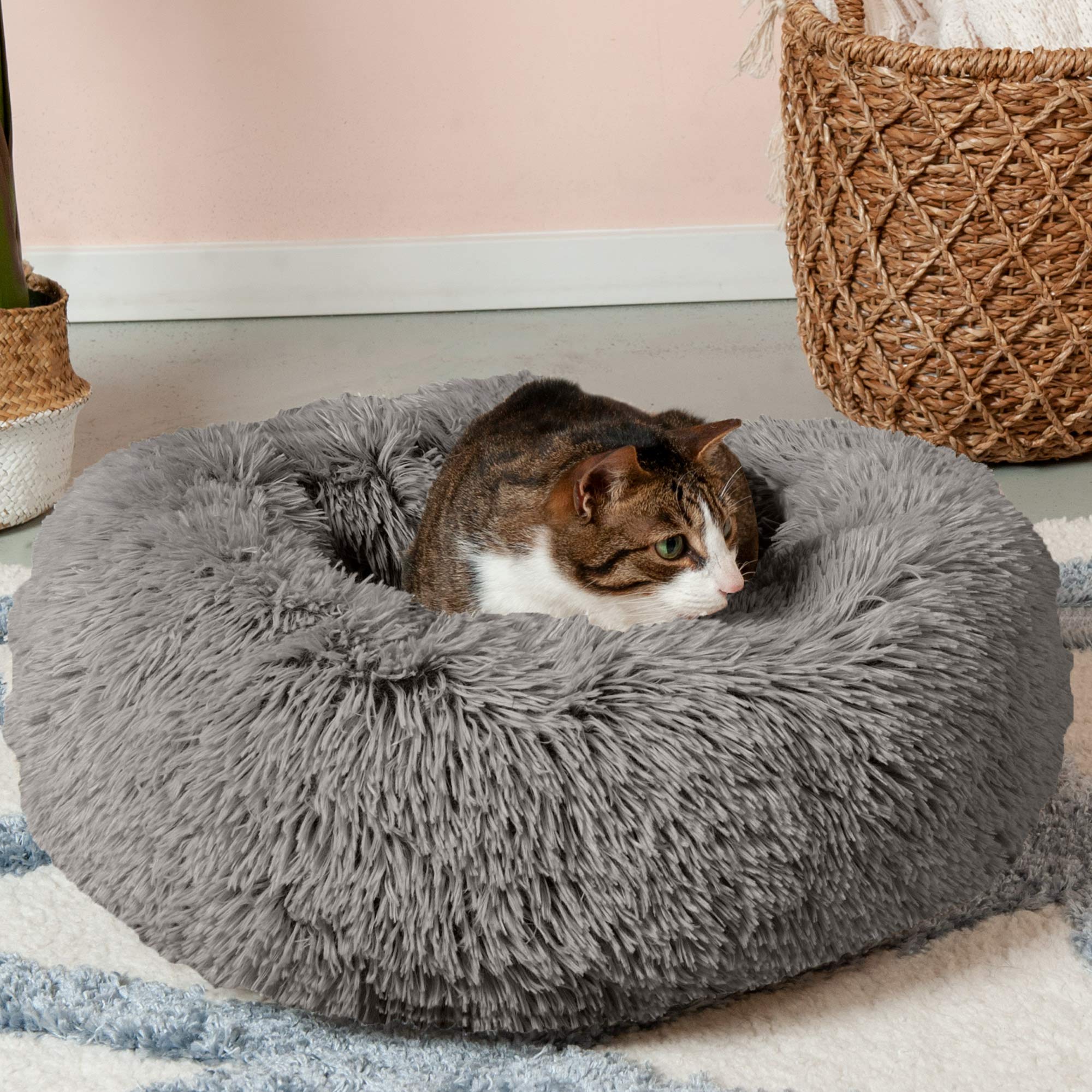 Furhaven 23 Round Calming Donut Dog Bed for Indoor Cats & Small Dogs, Washable, For Dogs Up to 20 lbs - Shaggy Plush Long Faux F