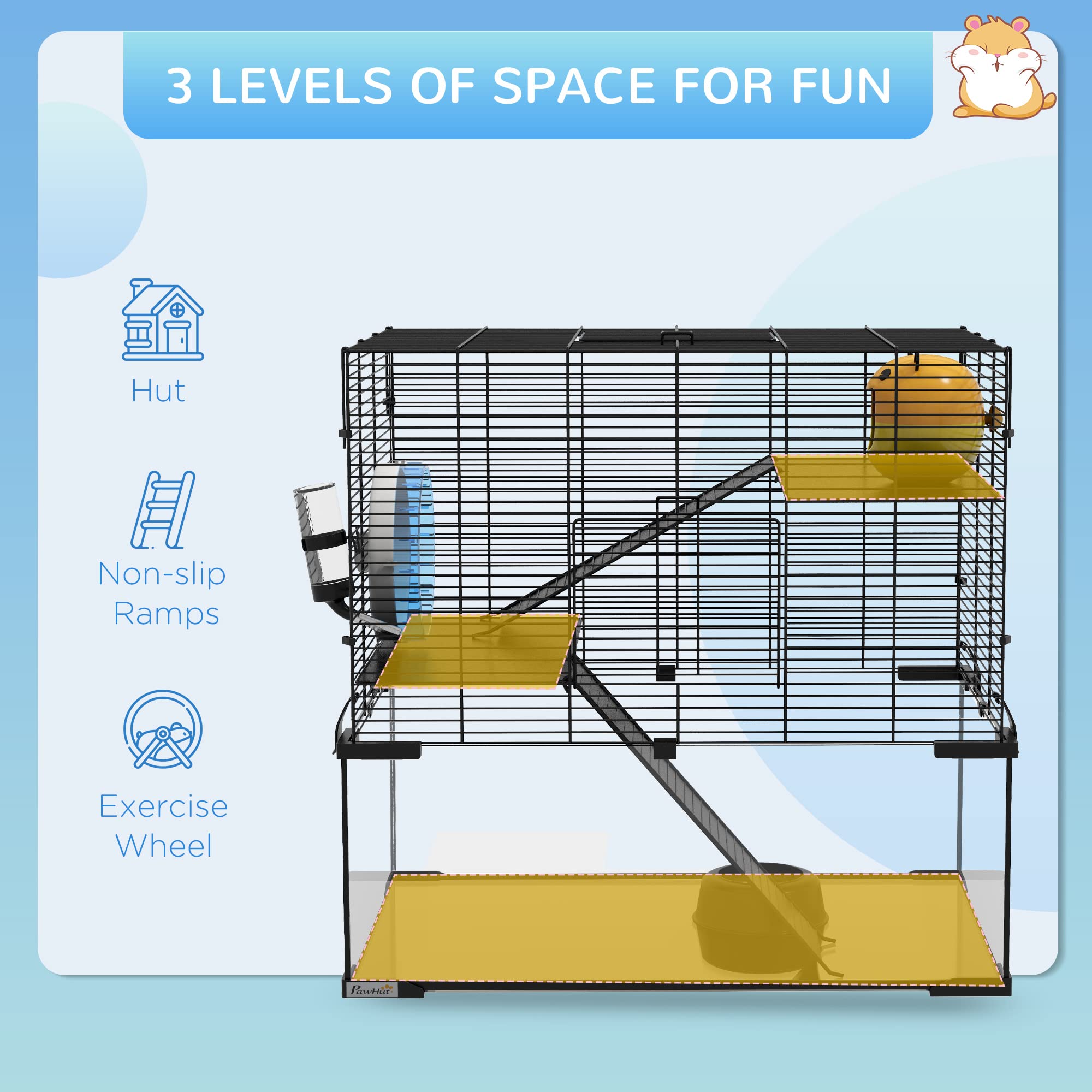 Pawhut Large Hamster Cage With Deep Tempered Glass Bottom, 3 Tiers Hamster Tank With Running Wheel, Hut, Water Bottle, Dish, Rat