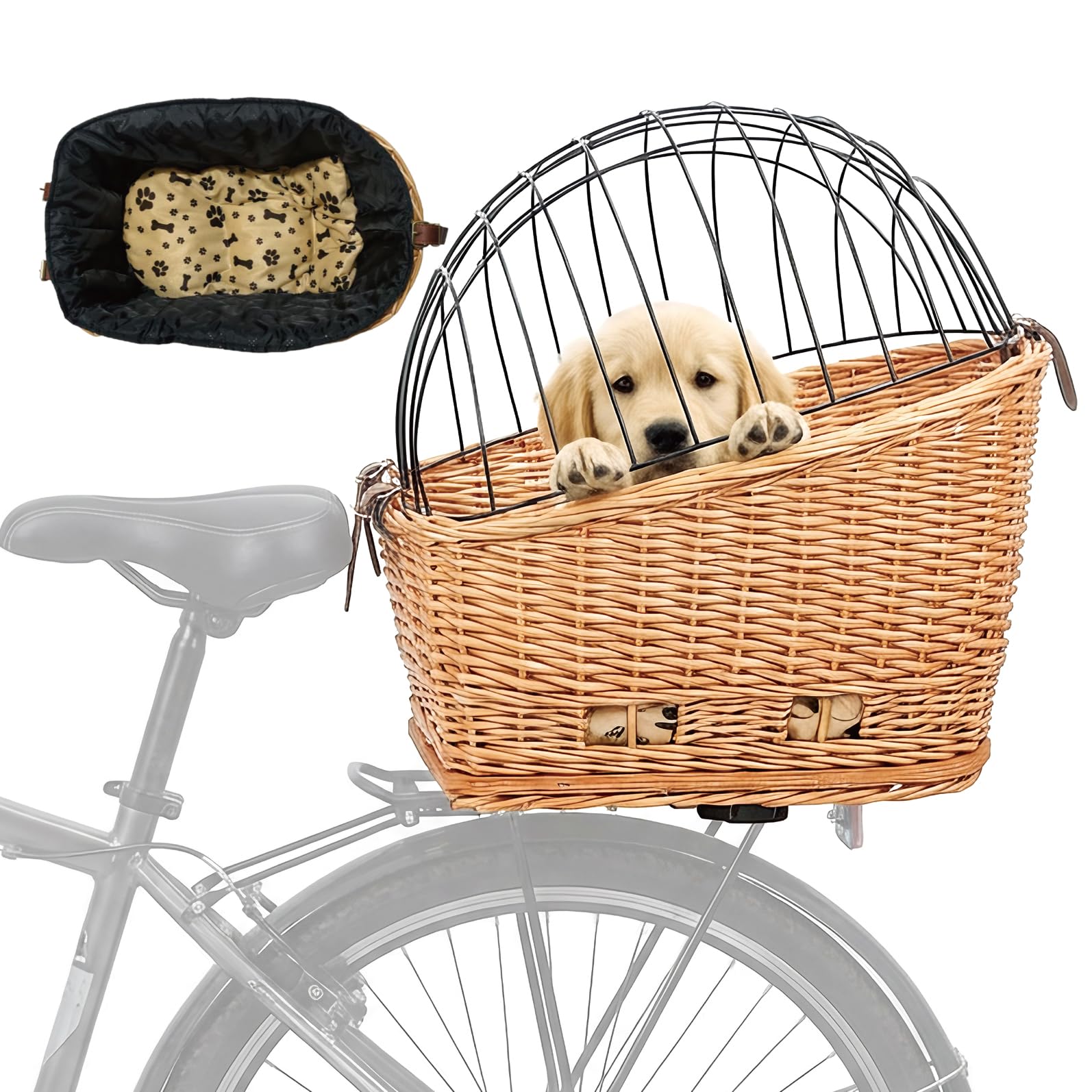 Rear Bike Basket for Dogs, Wicker Pet Bicycle Carrier for Small Dog Cat with Protective Grille Liner Eco Friendly Natural Rattan