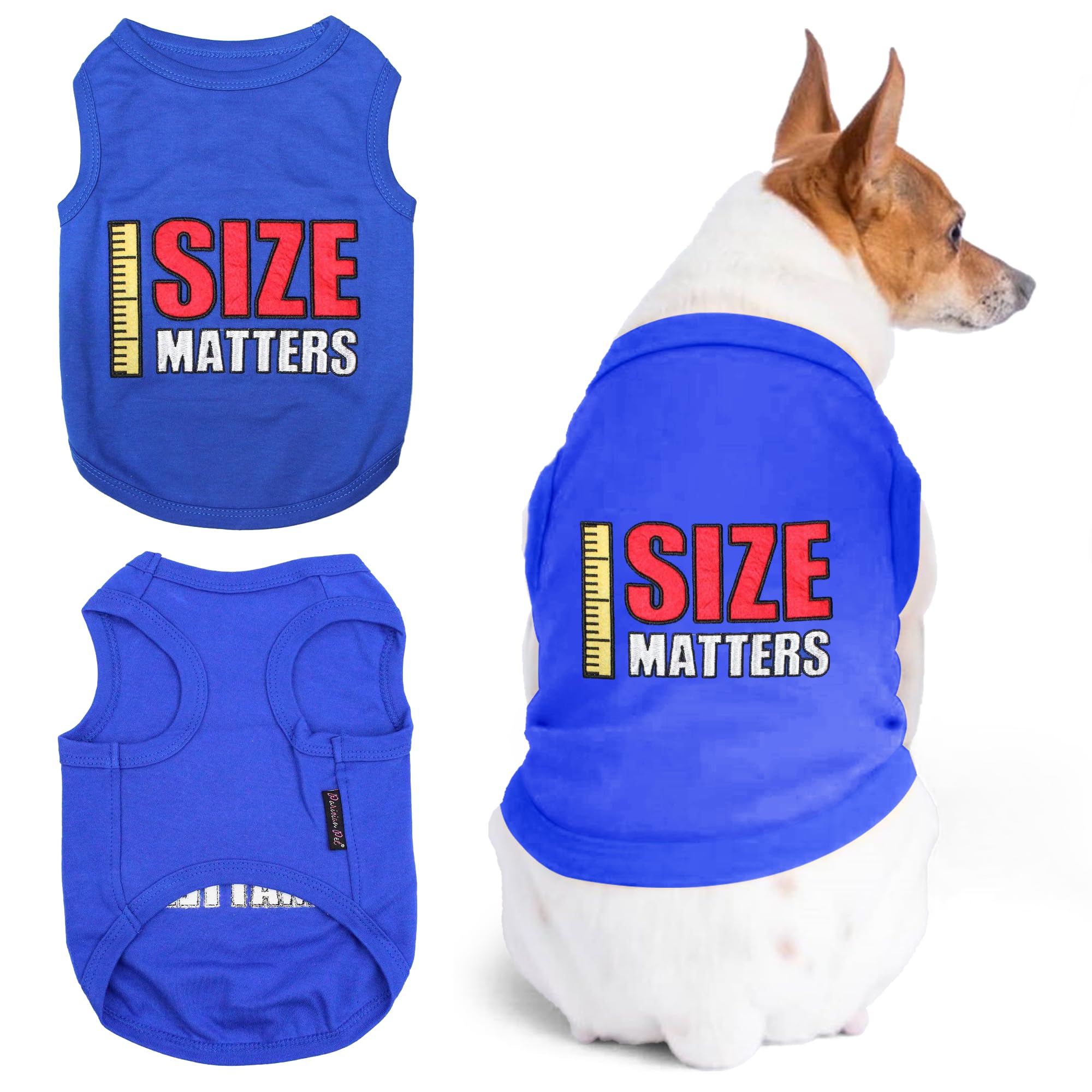 Parisian Pet Dog Tshirt - Embroidered “ Size Matters “ Dog Shirt - Pure Cotton And Lightweight Dog Clothes - Sleeveless Dog Tee Shirts - Machine Washable Dog Shirt For Large Dogs - L