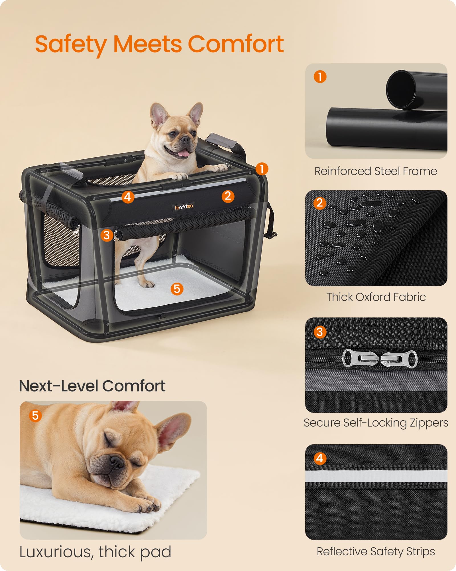 Feandrea 24-Inch Portable Dog Crate - Collapsible Oxford Fabric Carrier with 4 Mesh Doors, Water Bottle Holder, Ink Black