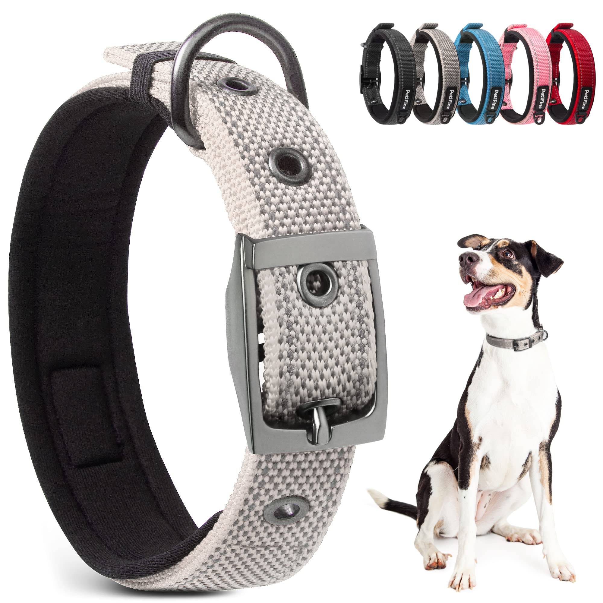 Petifine Neoprene Padded Dog Collar, Heavy Duty Comfort Dog Collar With Durable Metal Buckle, Reflective Adjustable Belt Buckle Dog Collars For Small Medium Large Dogs(11”-14.5“, Grey)