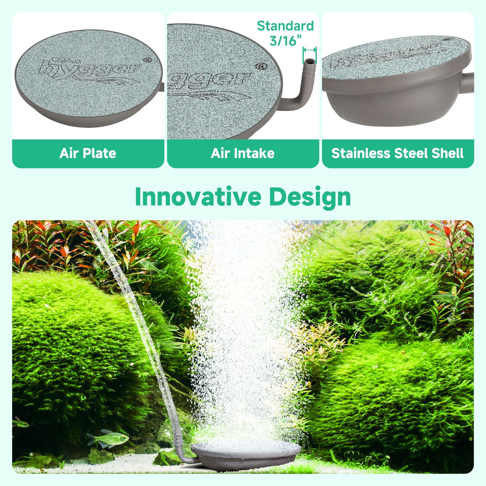 hygger Aquarium Air Stone, 2.3 Inch Fish Tank Bubbler Stone Kit Makes Super Tiny Bubbles, Ultra-High Dissolved Airstone with Sta
