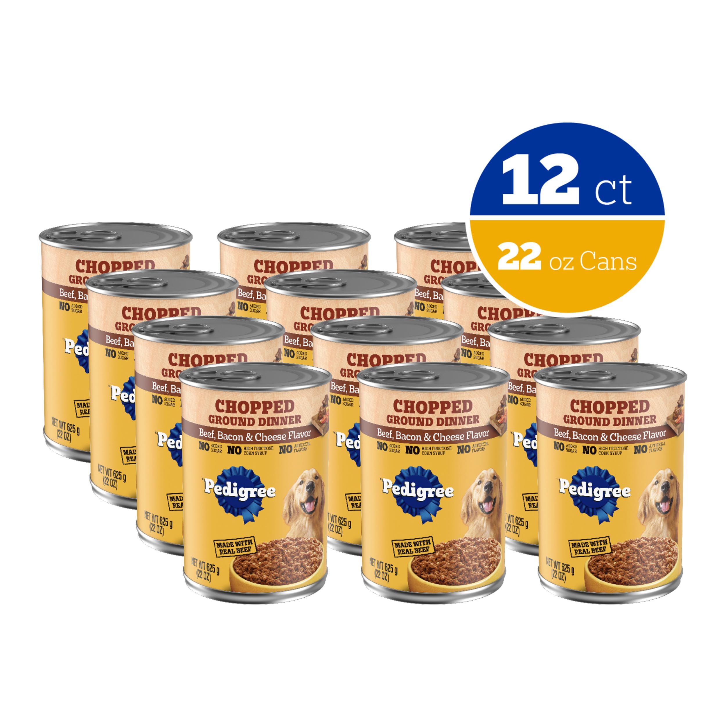 Pedigree Chopped Ground Dinner Adult Wet Dog Food Beef Bacon & Cheese Flavor, 22 oz. Cans (12 Count, Pack of 1)