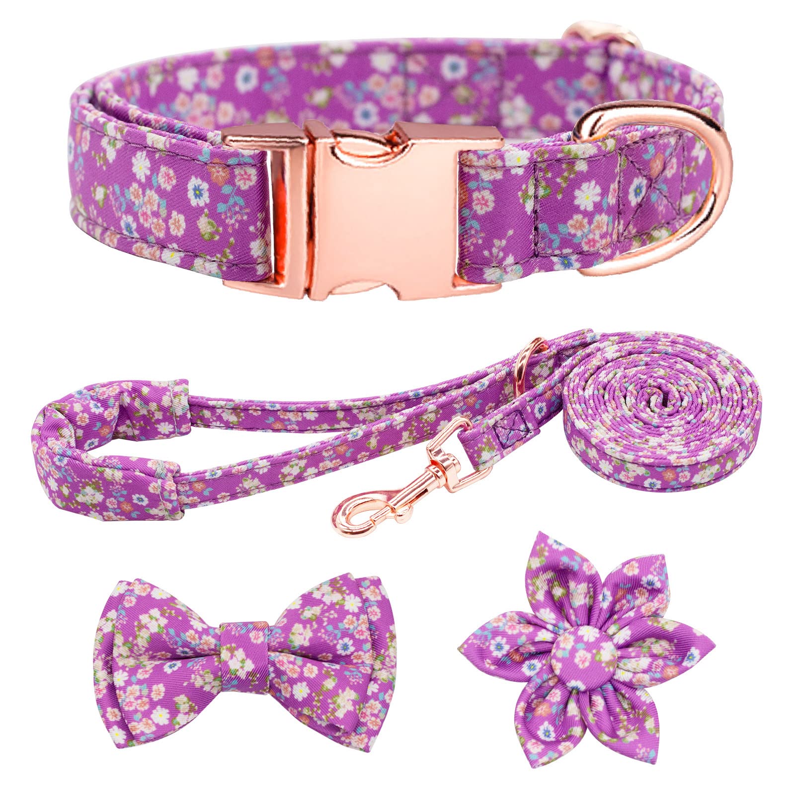 HSIGIO Dog Collar and Leash Set Girls Adjustable Puppy Collars with Floral Bow Tie for Small Medium Large Female Dogs, Purple, X