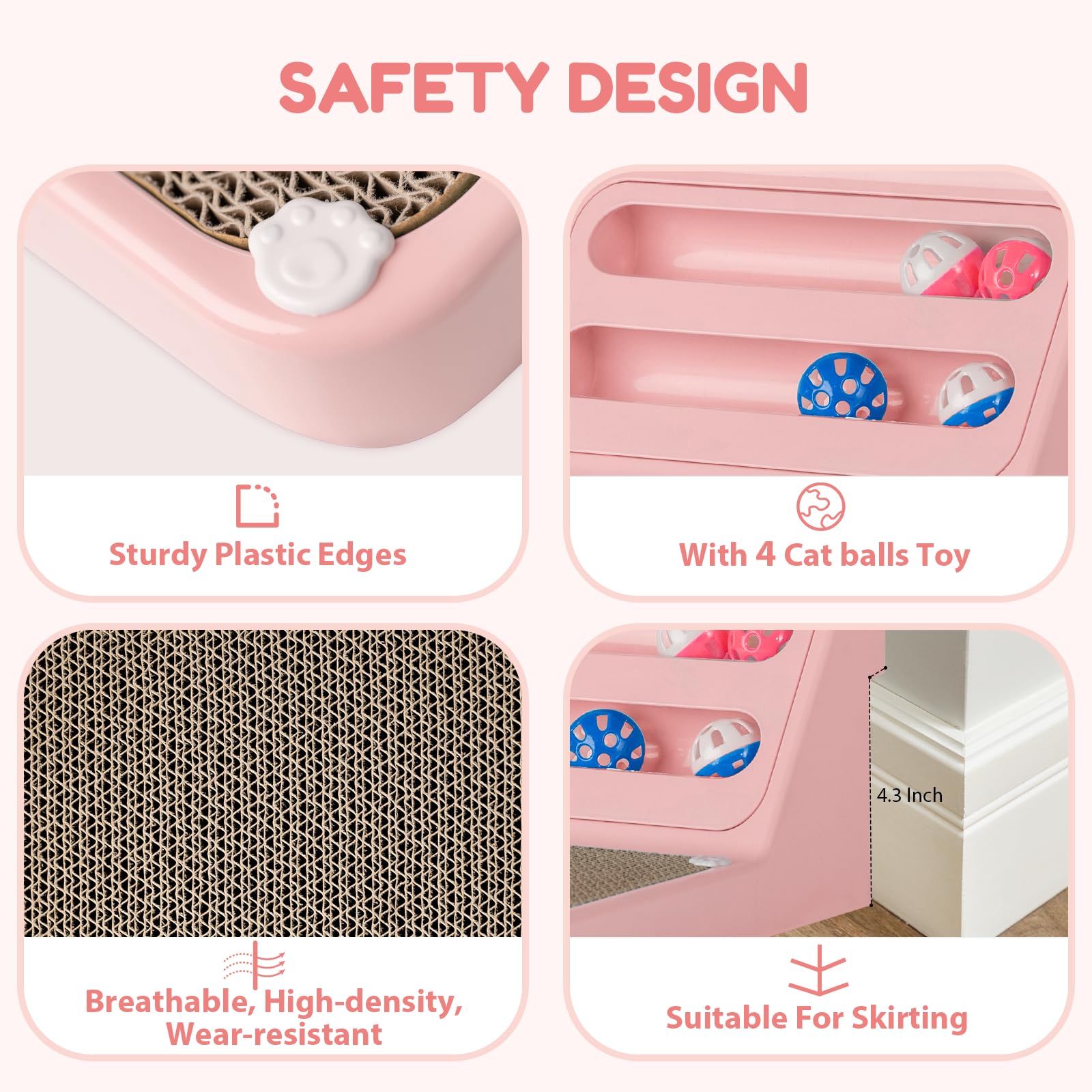 Goosheep L Shaped Cat Scratcher With Replacement Pads - Wall Scratching Board & Ball For Indoor Cats - Pink