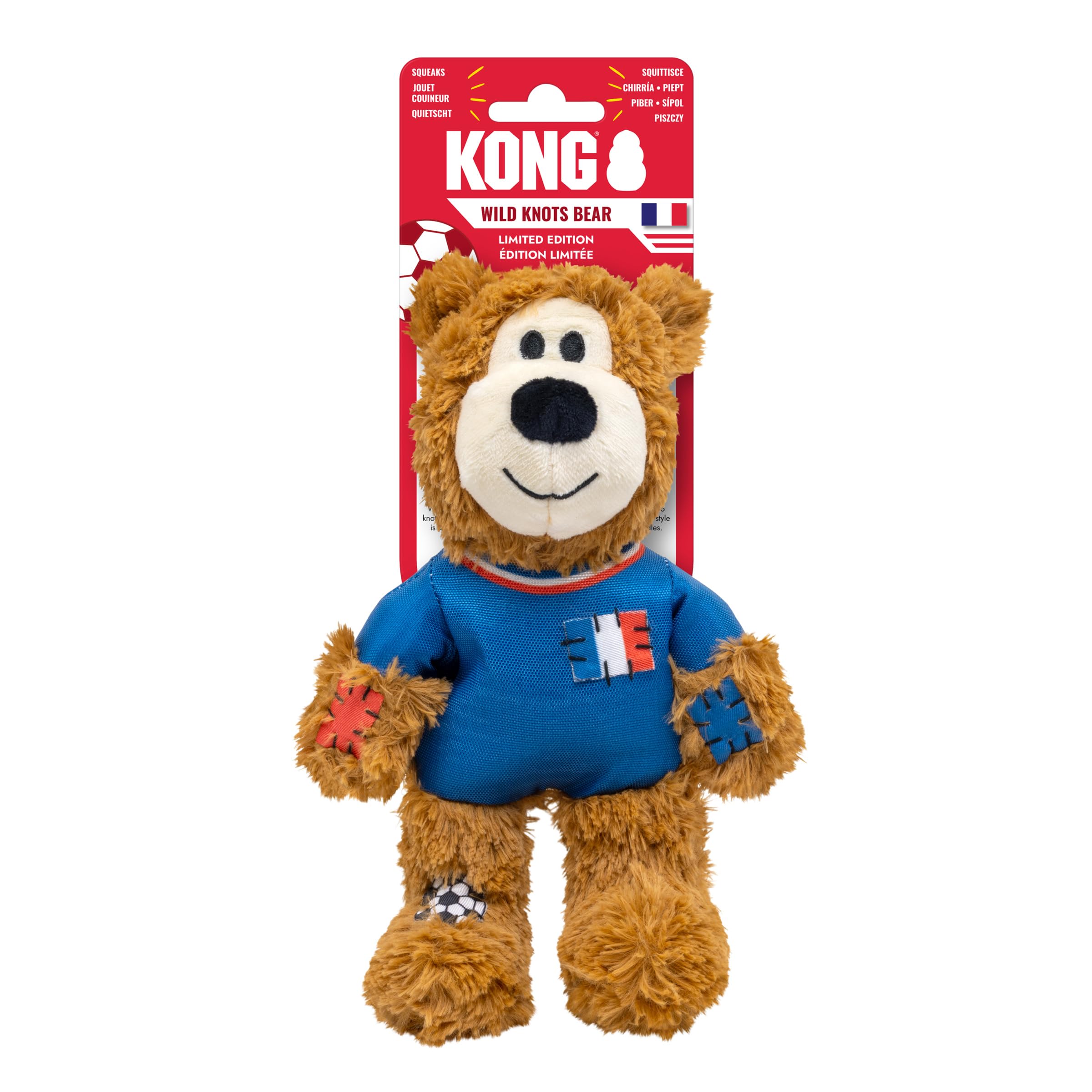 KONG Wild Knots Bear Soccer Player Dog Toy - France - National Team Jersey Inspired - International Tournament Edition - Plush R