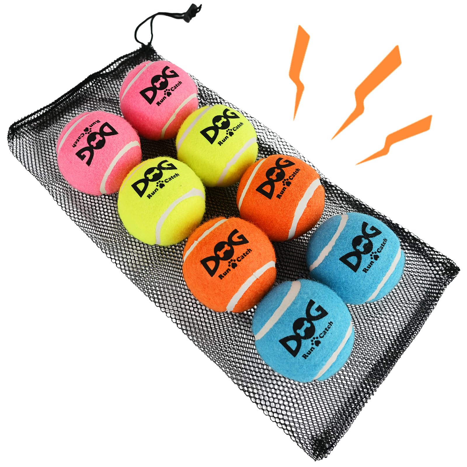 INSUM Large Squeaky Tennis Balls for Dogs - 8 Pack 3.0 Durable Non-Toxic Outdoor Dog Toys Balls with Mesh Bag, SGS Certified, 