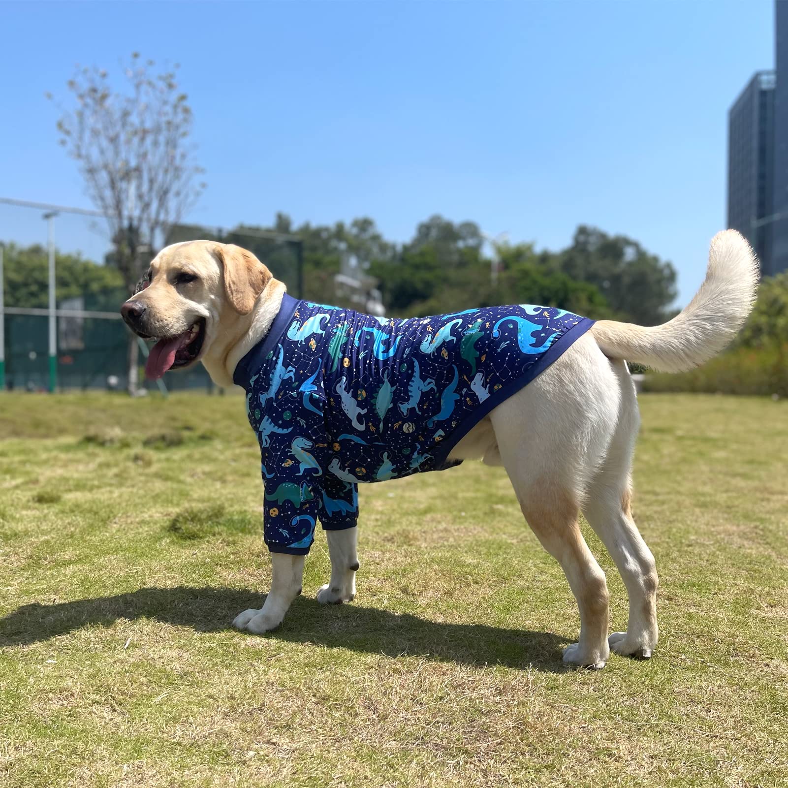 PriPre Dog Navy T Shirts with Universe Dinosaur Pattern Printed Pet Shirt Softable Pajamas for Large Dogs (L, Navy)