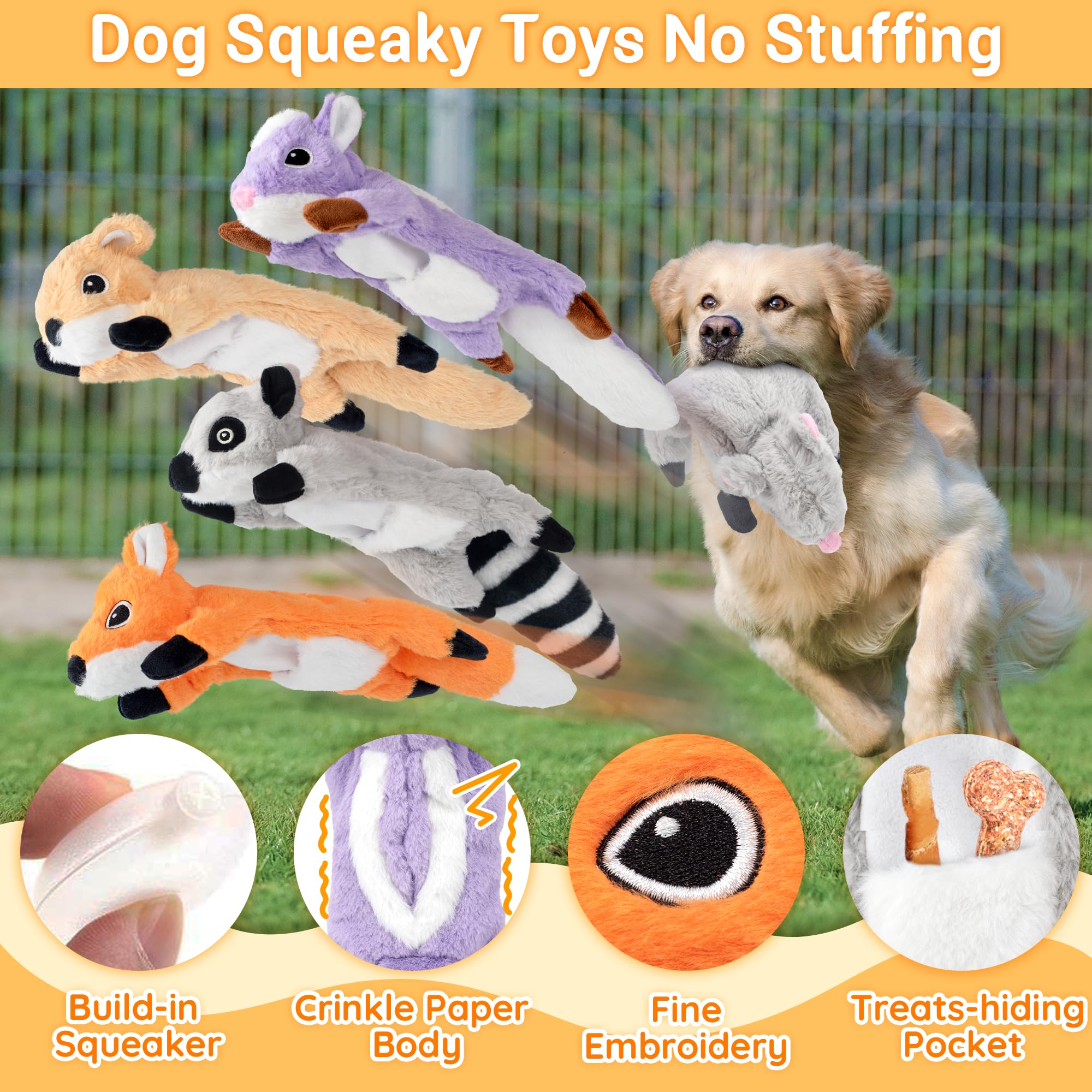 Lechong 5-Pack No Stuffing Dog Squeaky Toys, Plush Crinkle Dog Chew Toys Bundle W/Treat Hidden Pocket For Large Medium Small Dog