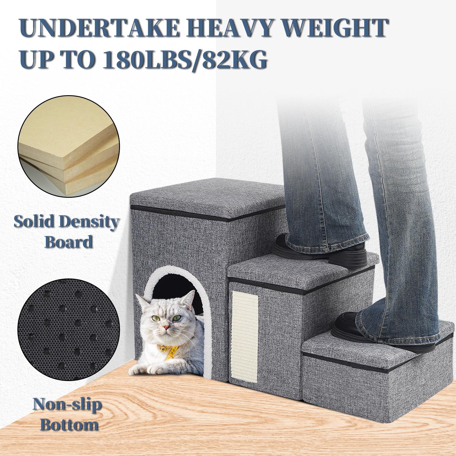 Dog Stairs For High Bed And Couch, 4 In 1 Foldable Pet Stairs For Cats & Small And Medium Dogs, Adjustable Dog Steps With Pet Cl