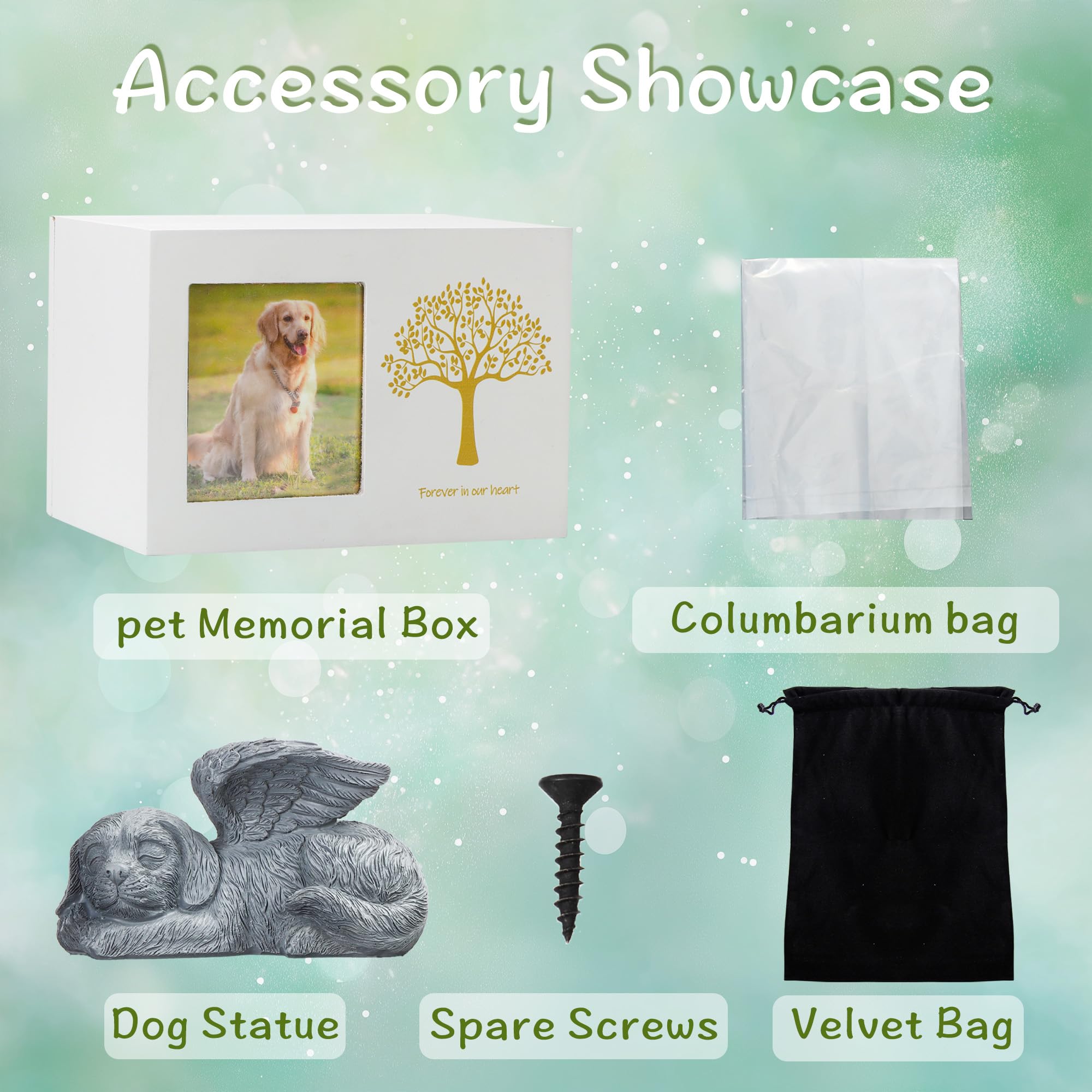 Didibirdi Pet Urn For Dog Ashes, Tree Pattern Wooden White Keepsake With Photo Frame, Memory Box With Resin Animal Statue And Se