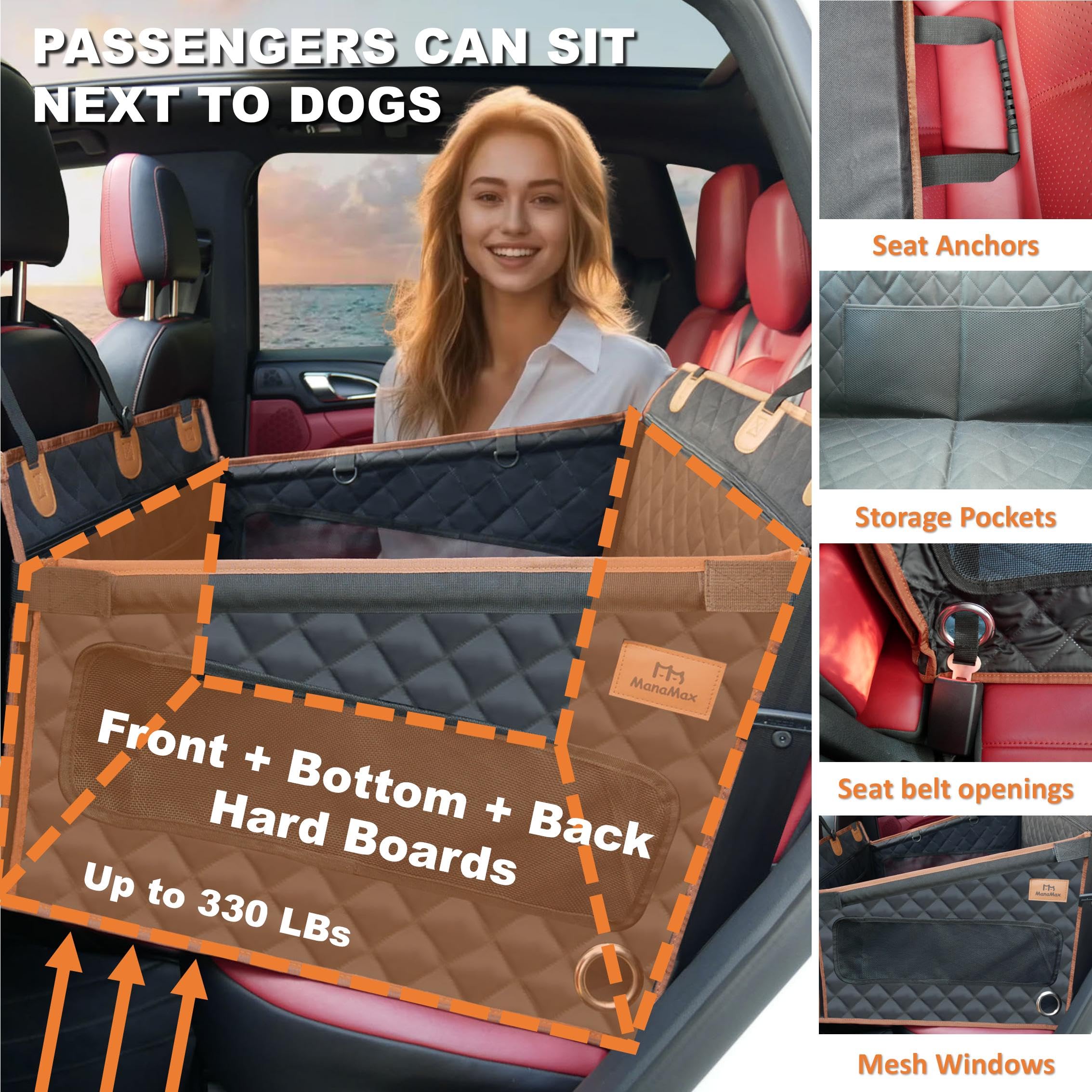 Manamax Dog Car Seat For Large Medium Small Dogs,Back Seat Extender For Dogs,Dog Seat Cover For Back Seat Hard Bottom, Dog Hammo