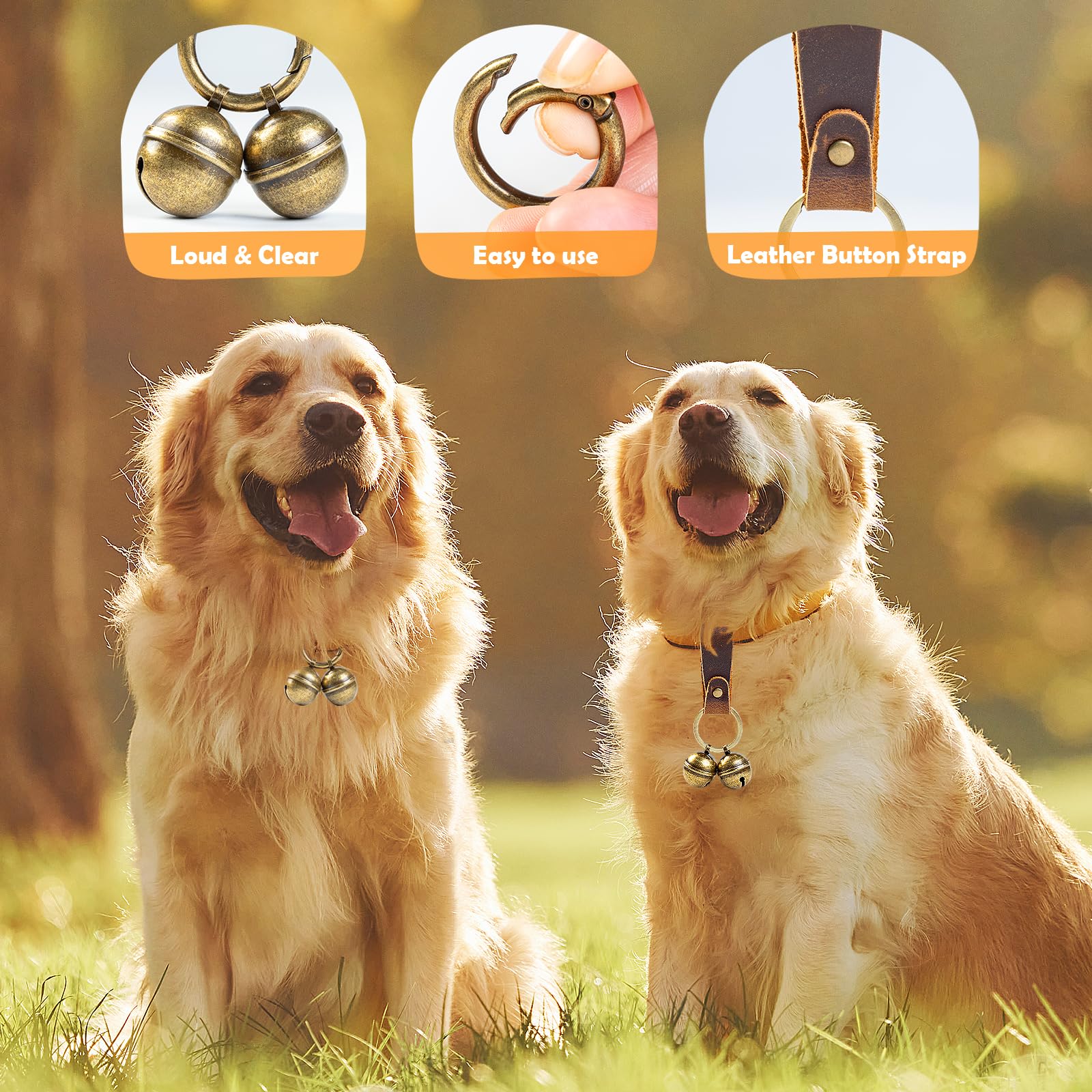 Geehouz Loud Dog Collar Bells, Durable Pet Bells Tracker For Large Dogs, 4 Copper Ells And 2 Leather Button Strap For Outdoor Sa