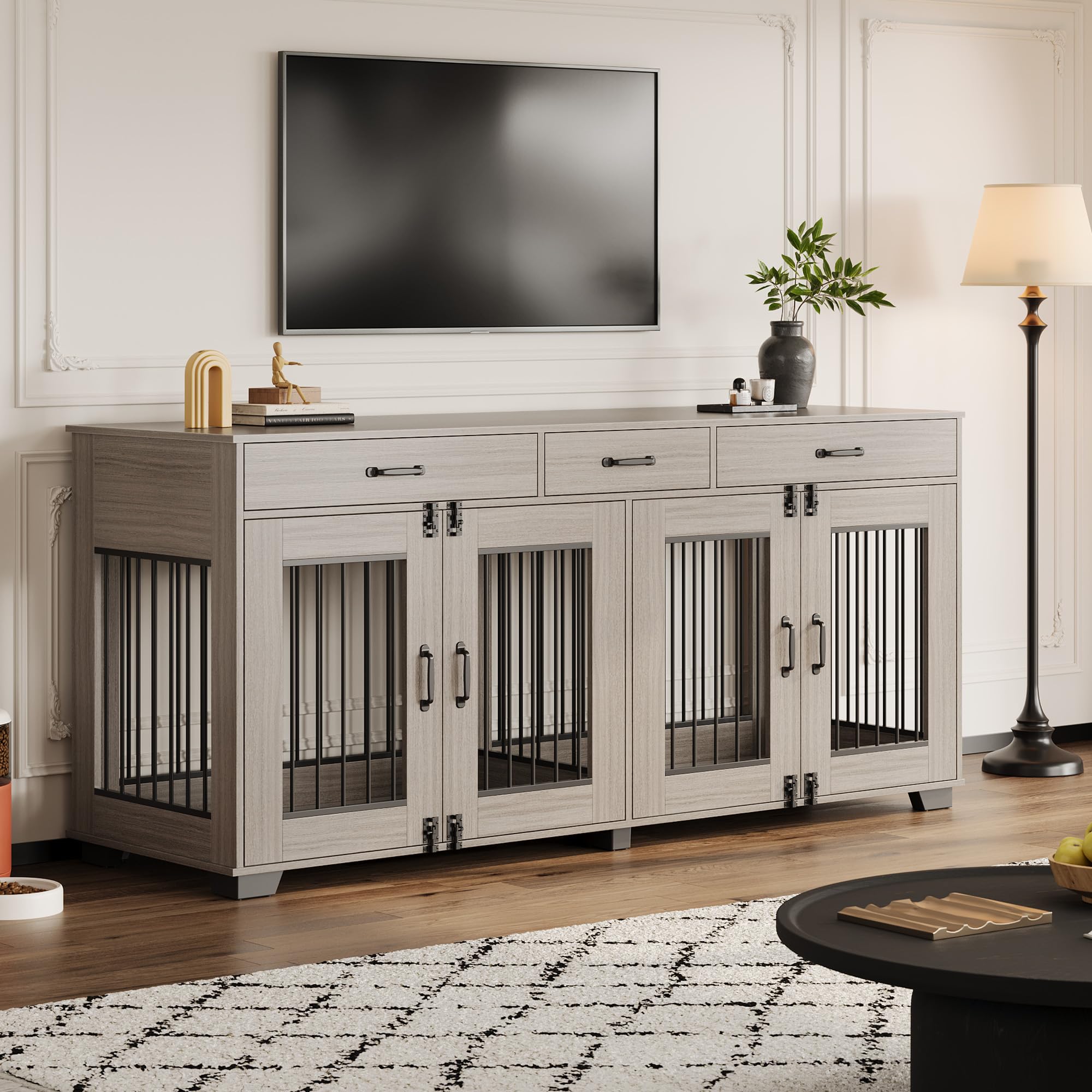 71 in Large Dog Crate Furniture for 2 Dogs with 3 Drawers, Heavy Duty Double Indoor Dog Kennel and TV Stand for Medium Large Dog